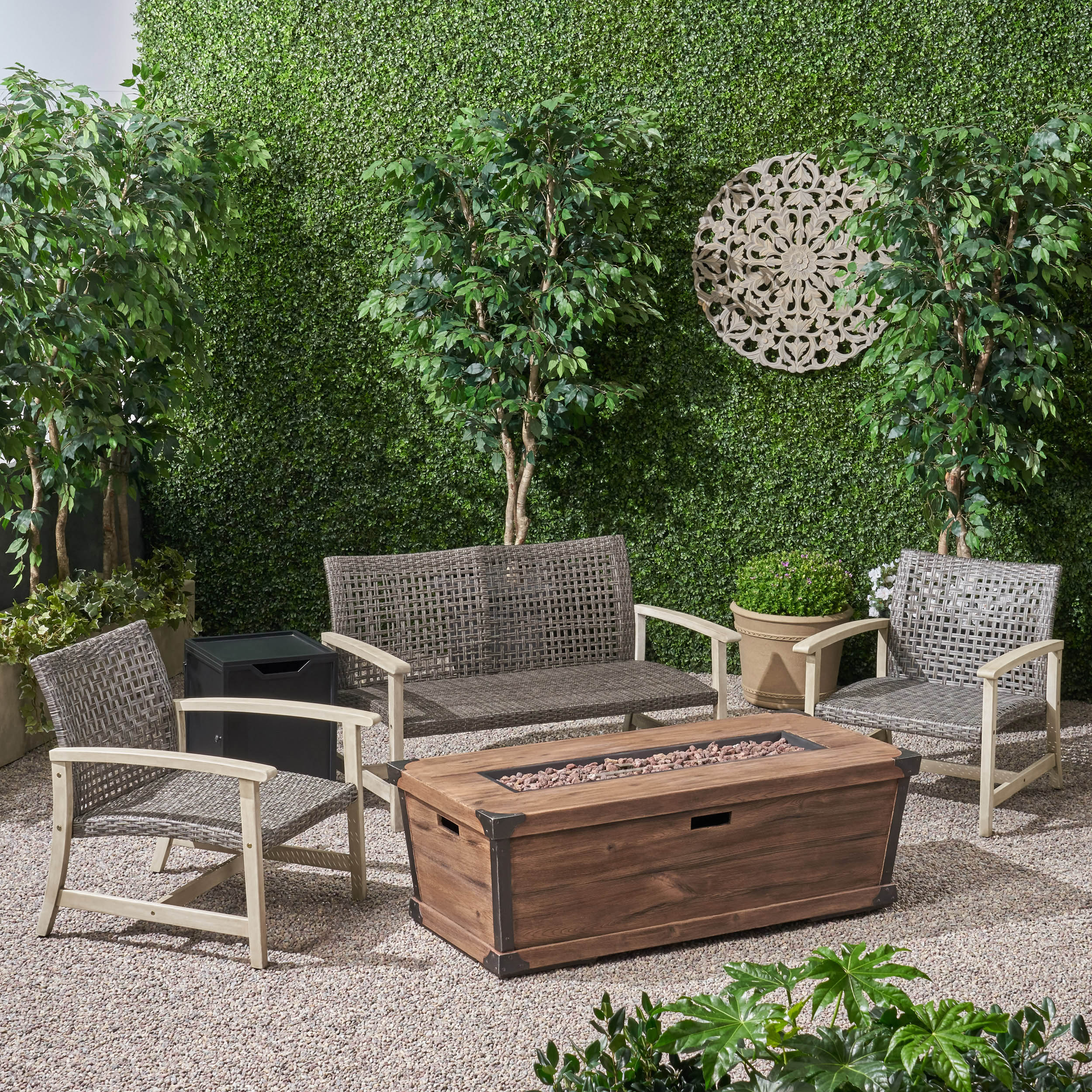 Airyanna Outdoor 3 Piece Wood and Wicker Chat Set with Fire Pit - furnishings