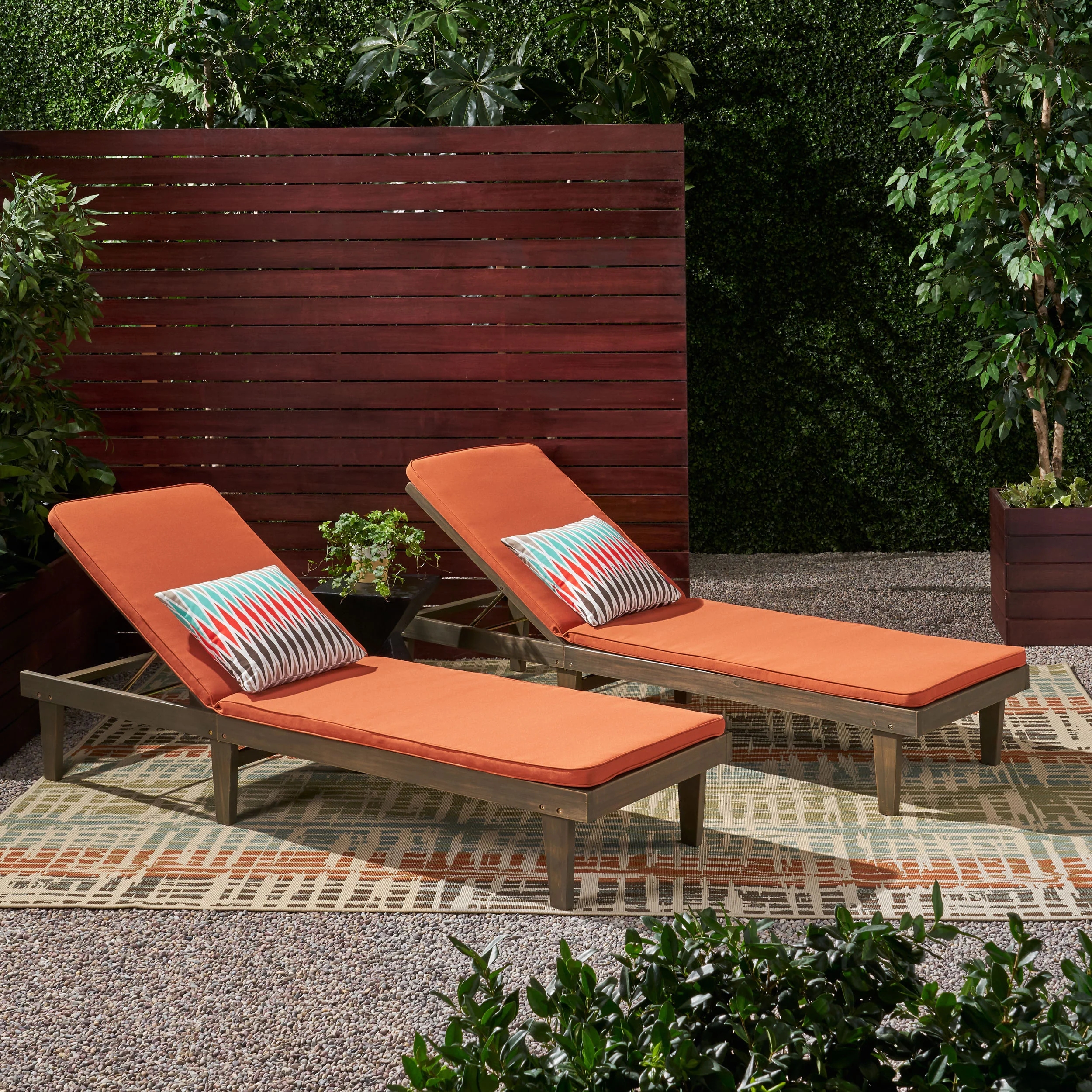 Nadine Outdoor Modern Acacia Wood Chaise Lounge with Cushion (Set of 2) - furnishings