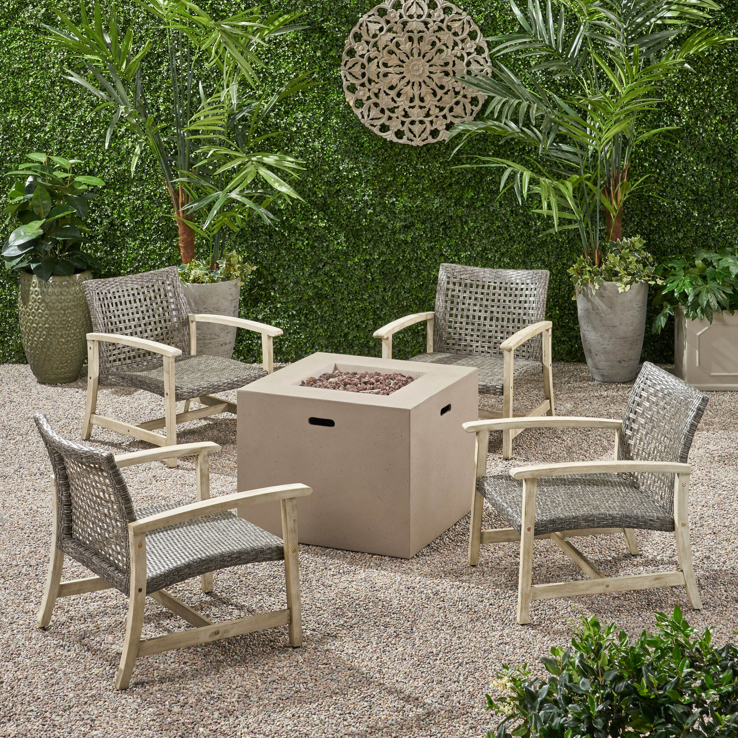 Carry Outdoor 5 Piece Wood and Wicker Club Chairs and Fire Pit Set - furnishings