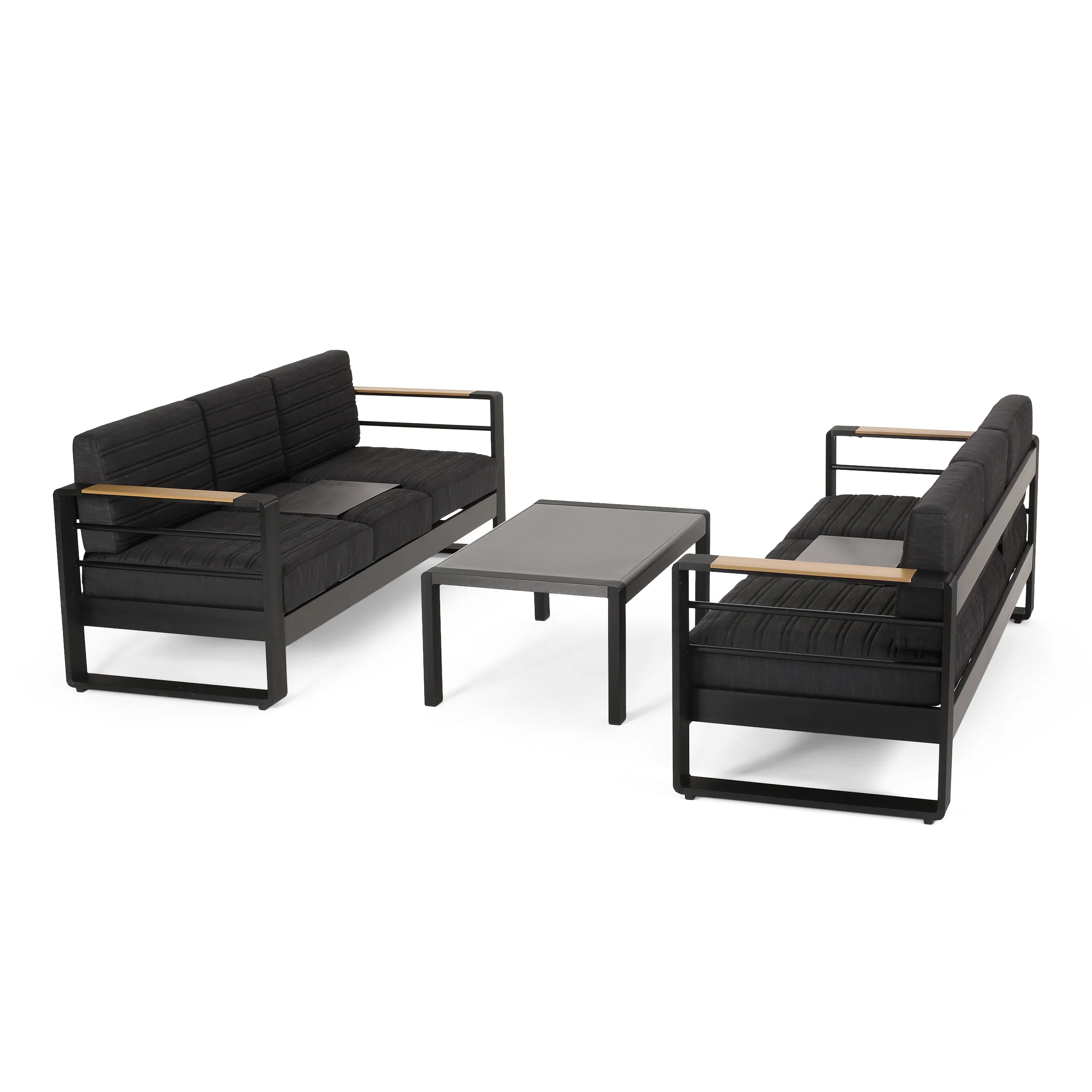Neffs Outdoor Aluminum 6 Seater Chat Set with Water Resistant Cushions, Black, Natural, and Dark Gray - furnishings