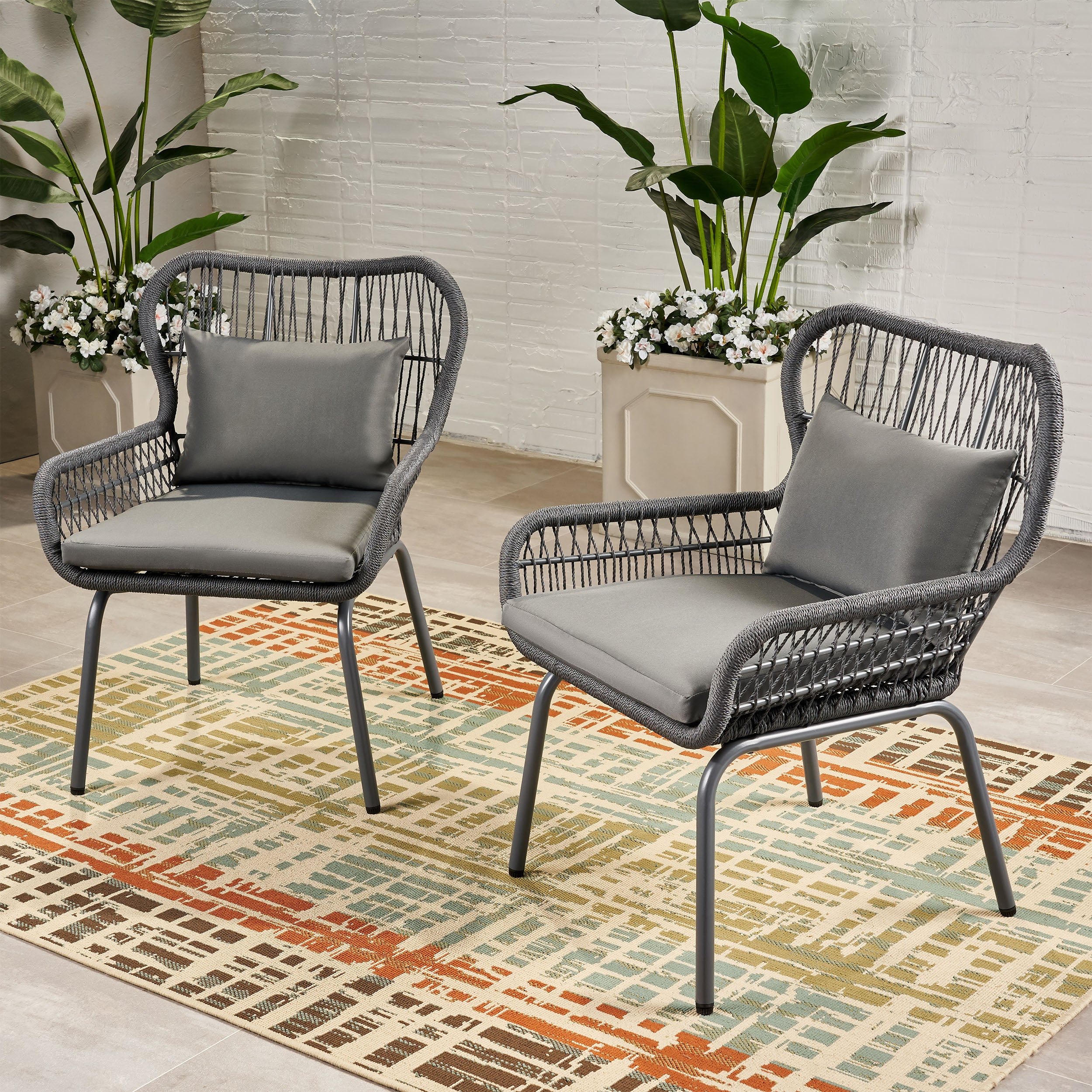 Karen Outdoor Club Chairs, Steel and Rope, Water-Resistant Cushions, Boho - furnishings