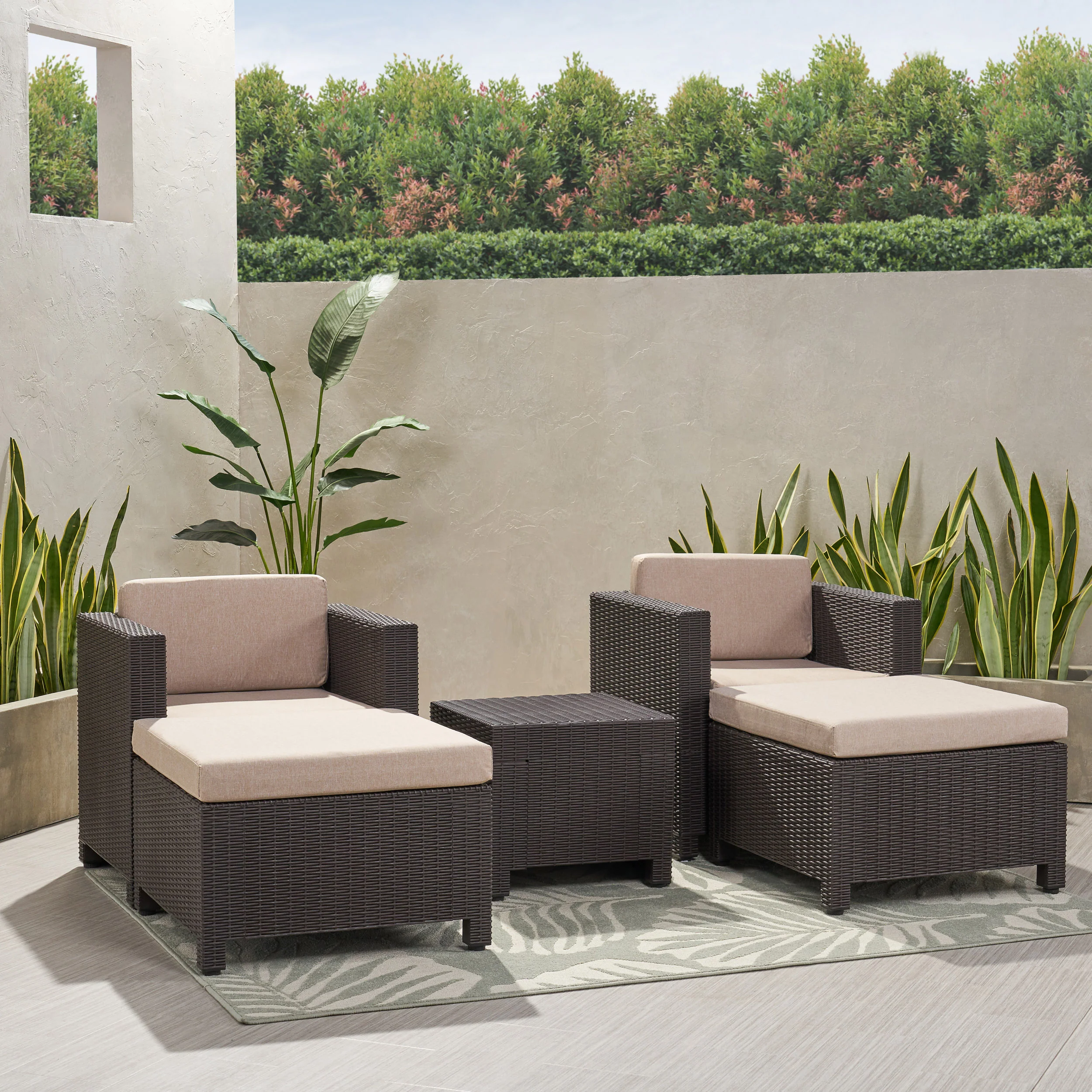 Riley Outdoor Wicker Print 2 Seater Chat Set with Ottomans - furnishings