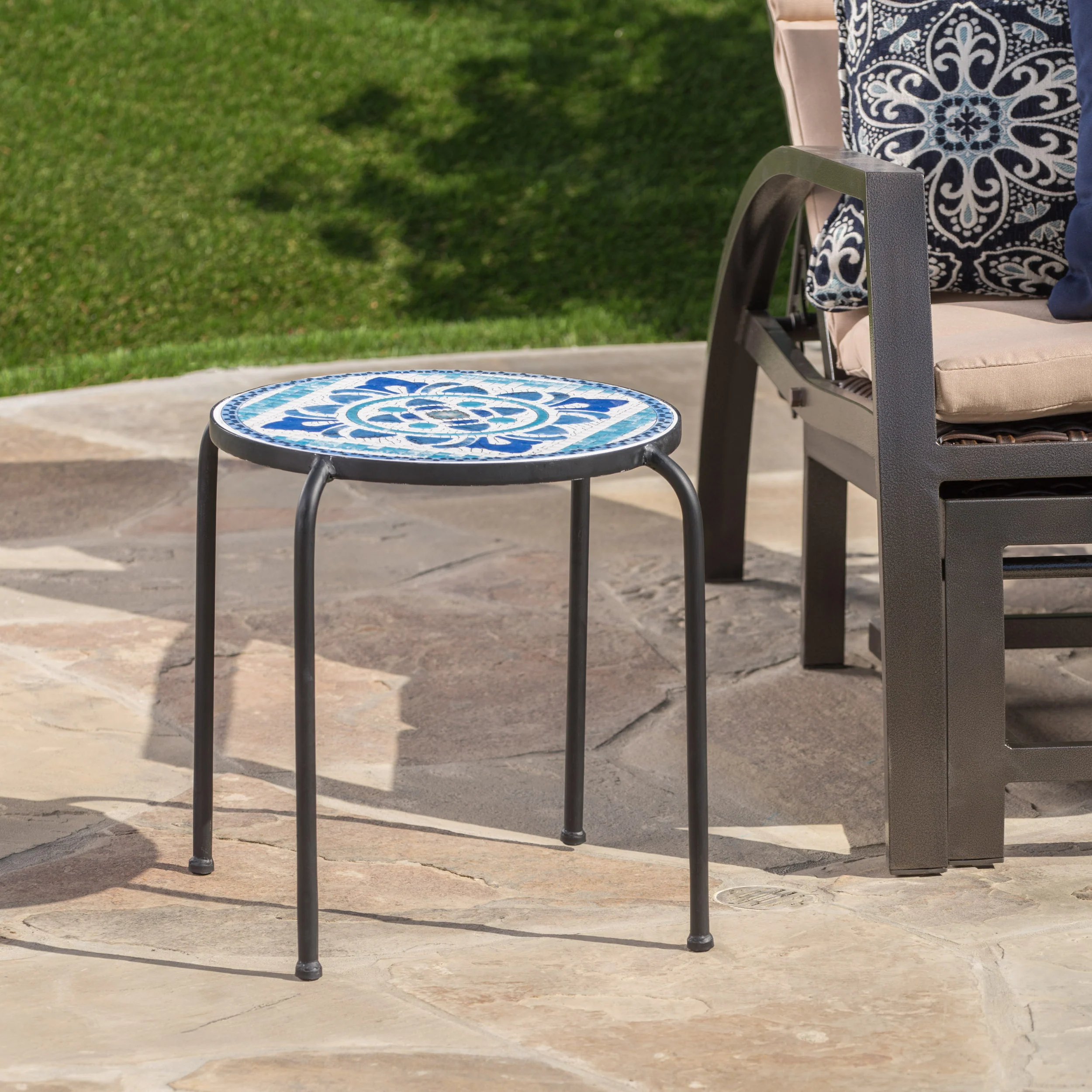 Sindarin Outdoor Blue & White Ceramic Tile Iron Frame Side Table - furnishings
