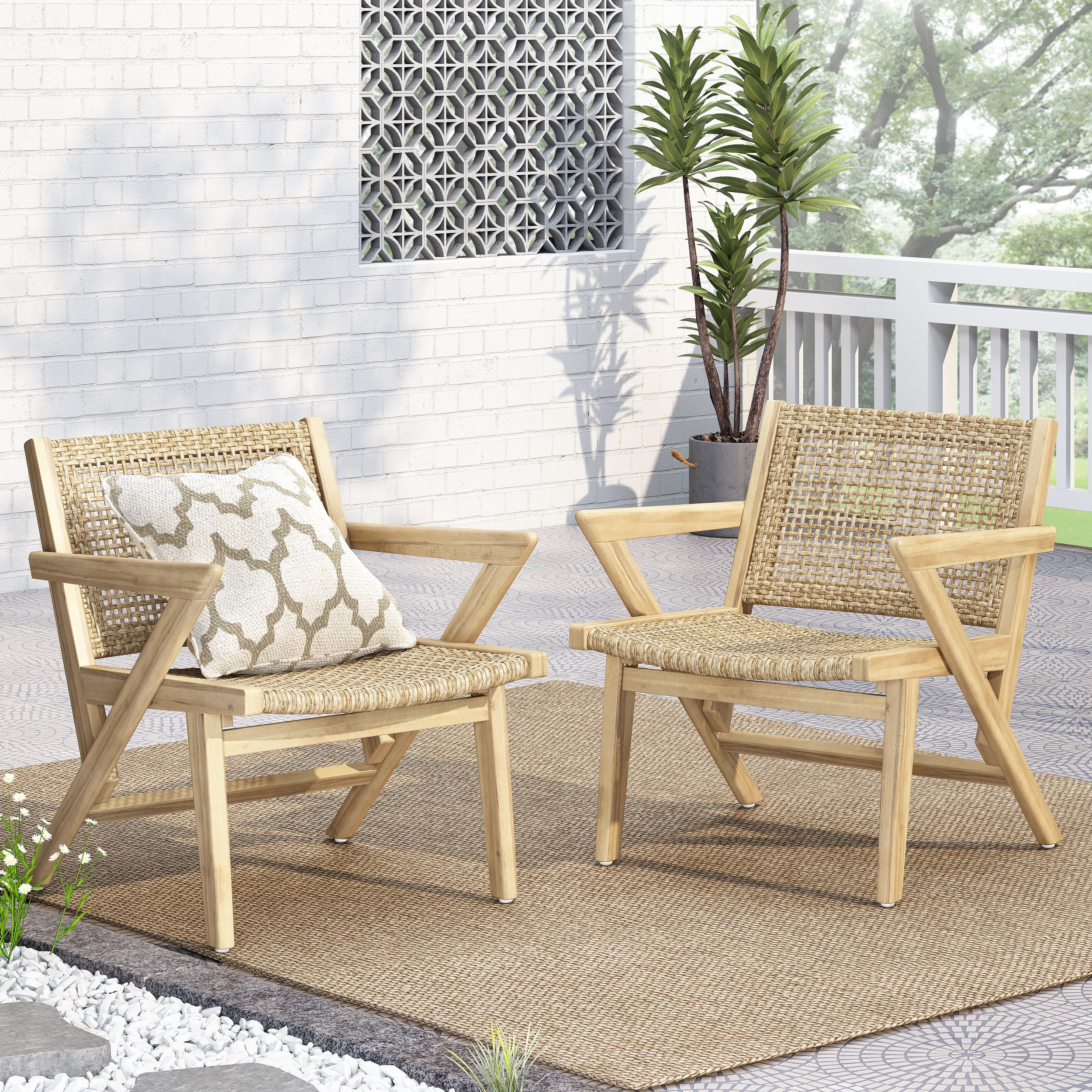 Inez Outdoor Wicker Club Chairs, Set of 2, Light Brown and Light Multibrown - furnishings