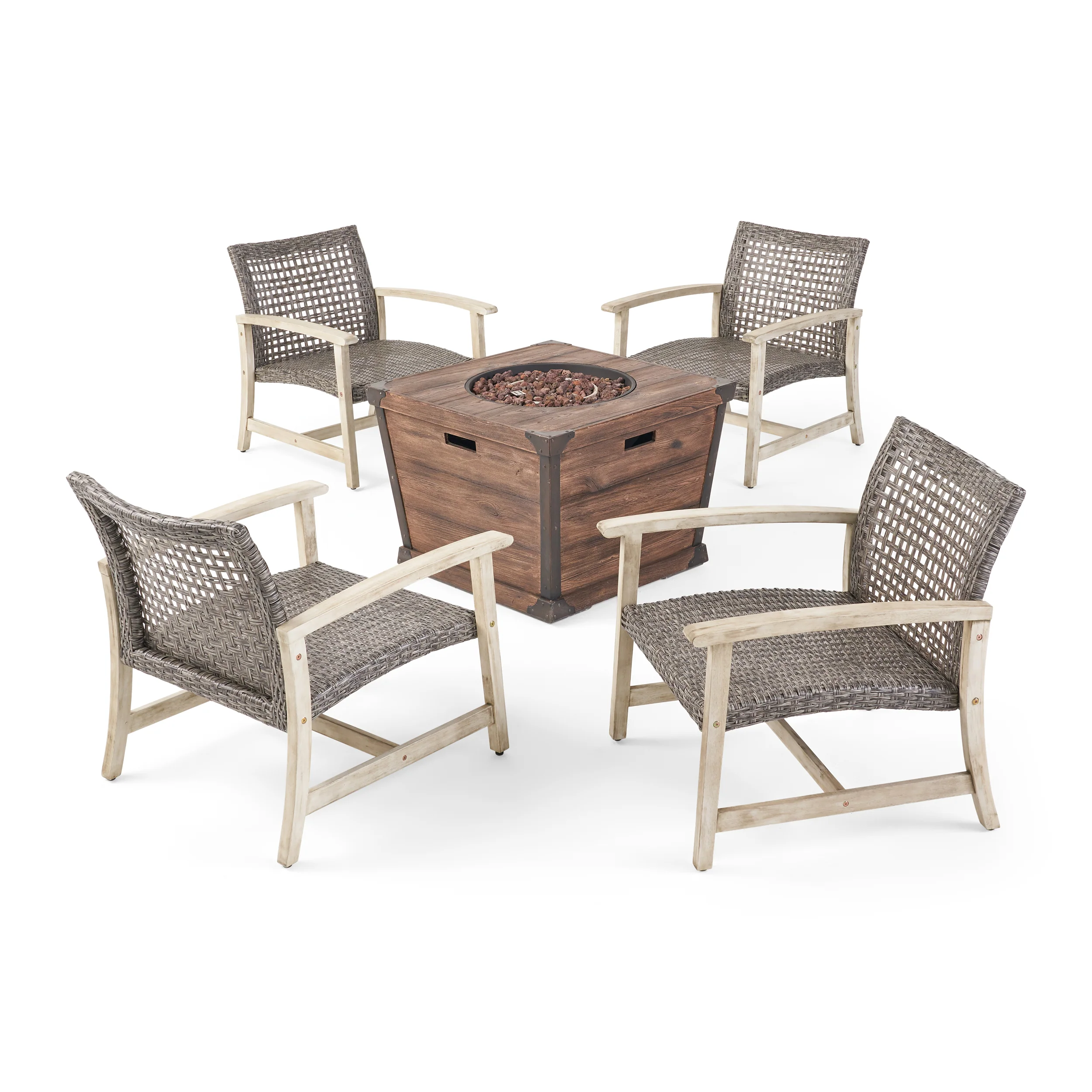 Levant Outdoor 4 Piece Wood and Wicker Club Chair Set with Fire Pit - furnishings