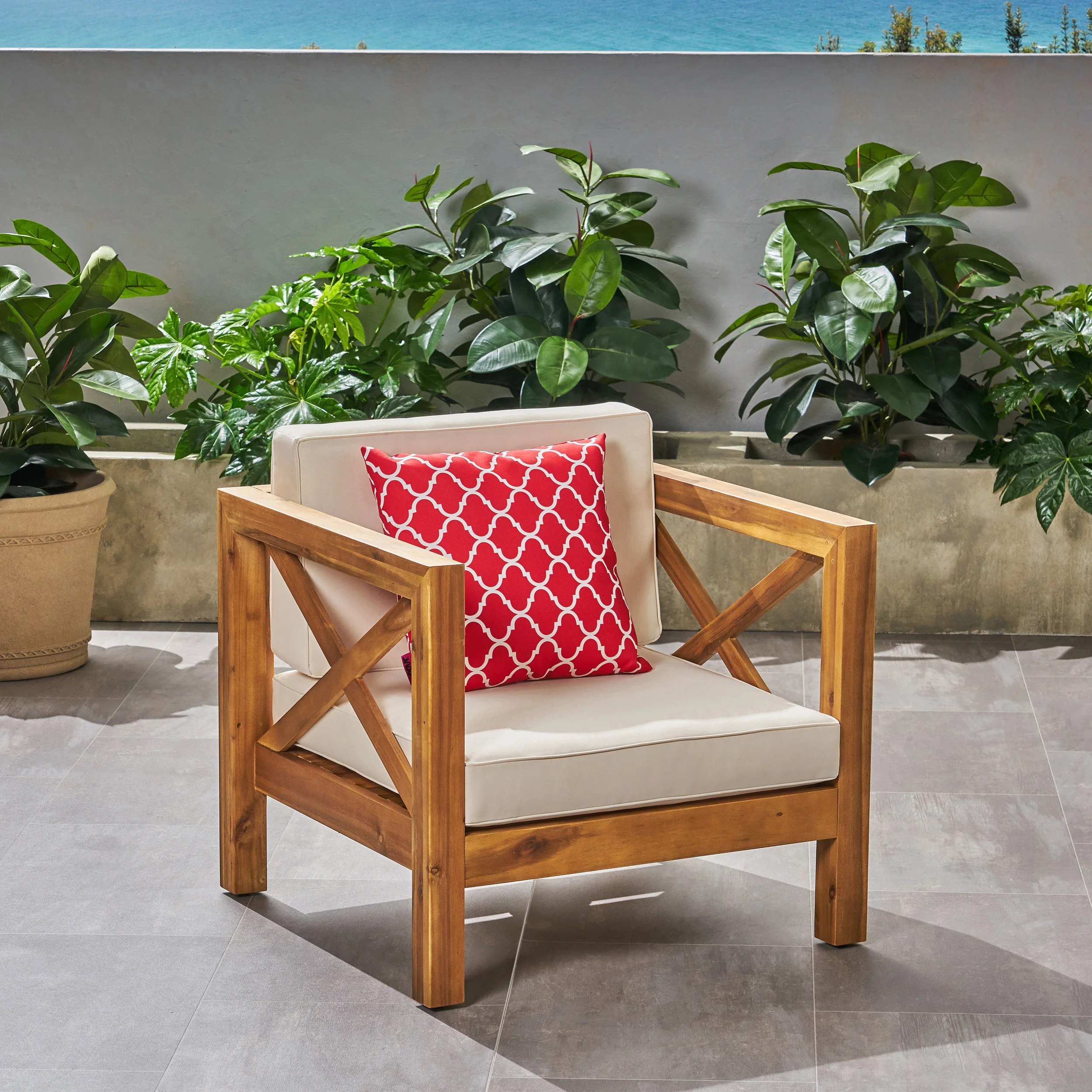 Indira Outdoor Acacia Wood Club Chair with Cushion - furnishings