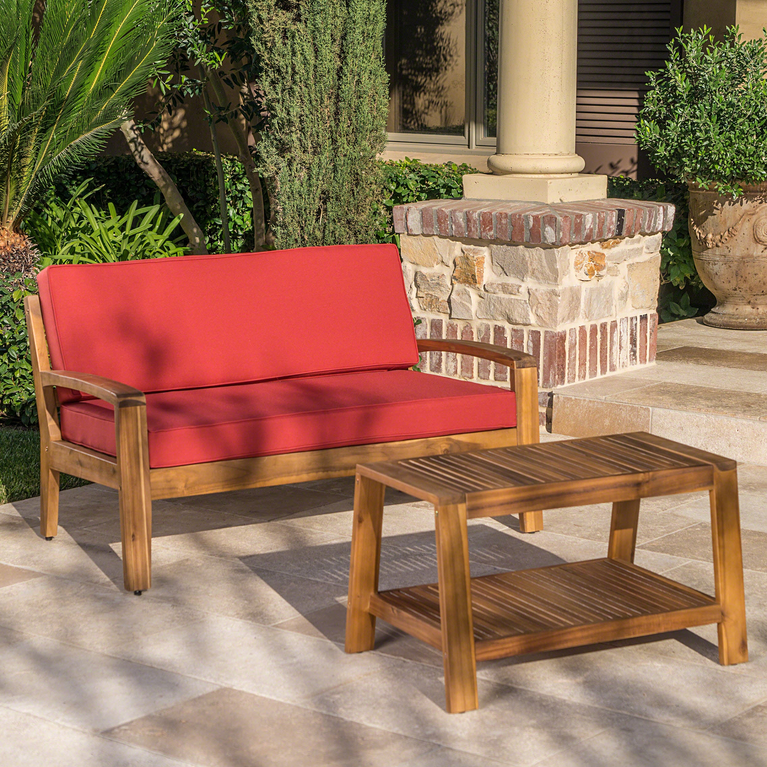 Christian Outdoor Acacia Wood Loveseat and Coffee Table Set with Cushions - furnishings