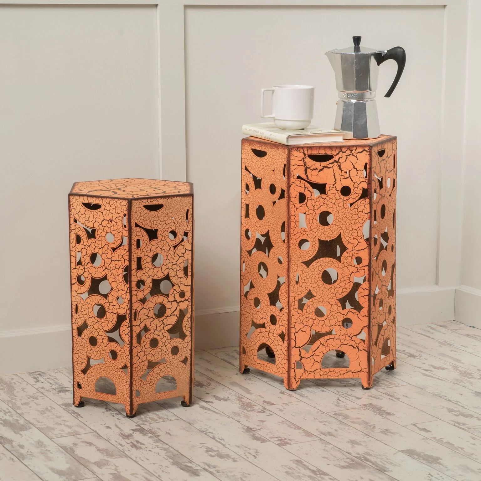 Contemporary Outdoor Hexagonal Antique Iron Accent Tables (Set of 2) - furnishings