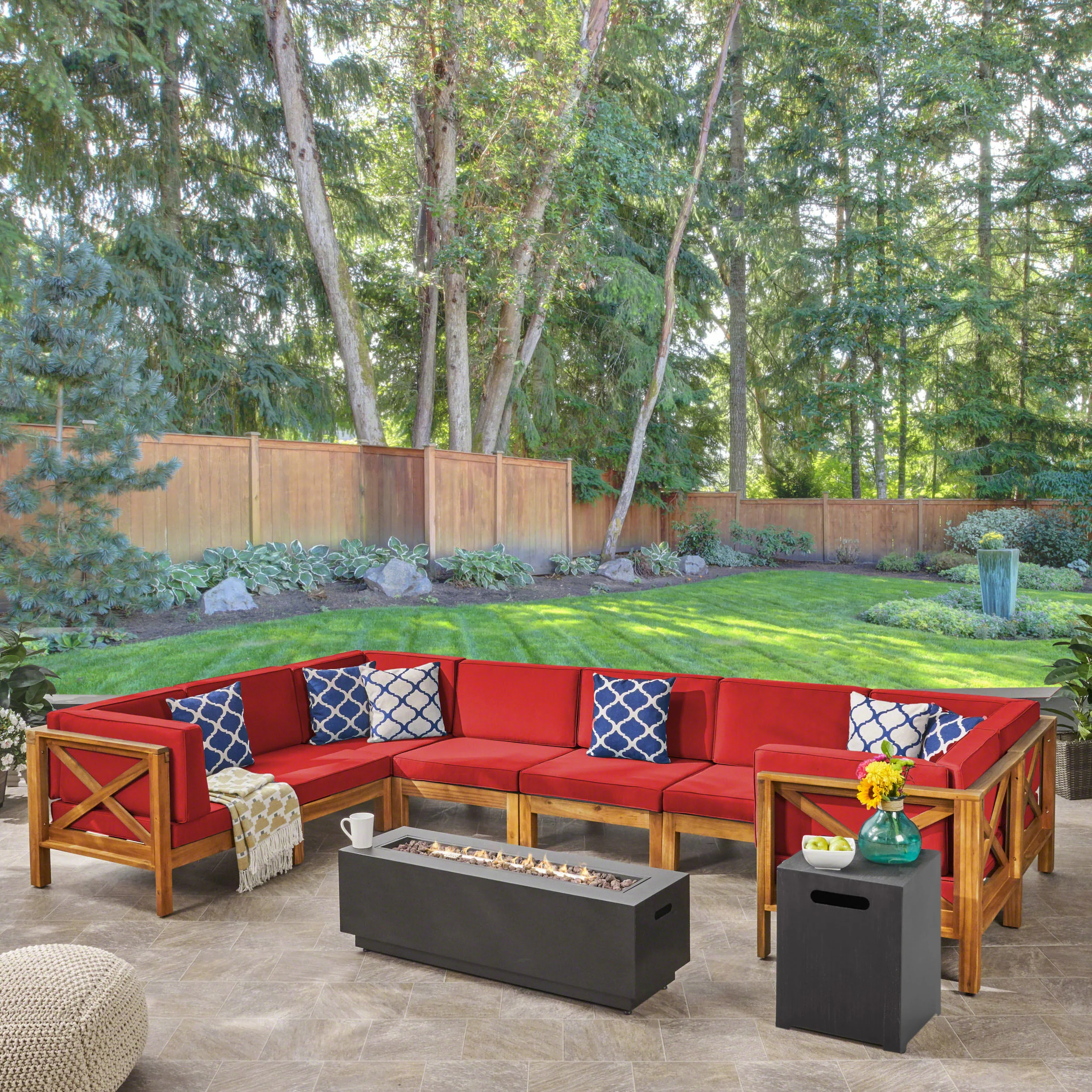 Muriel Outdoor Farmhouse Acacia Wood 8 Seater U-Shaped Sectional Sofa Set with Fire Pit - furnishings