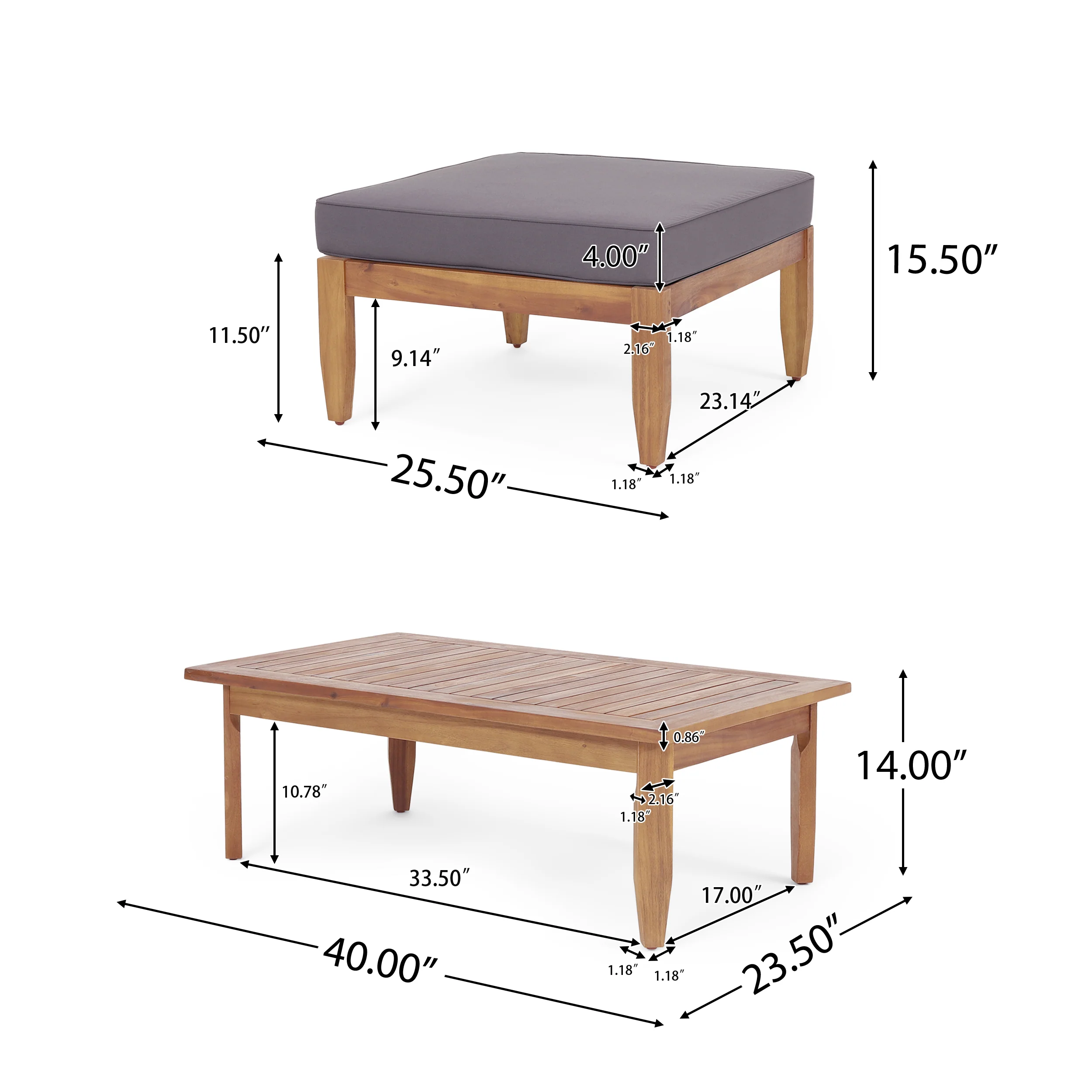 Bianca Mid-Century Modern Acacia Wood 3 Seater Sofa Chat Set with Ottoman, Teak and Dark Gray - furnishings
