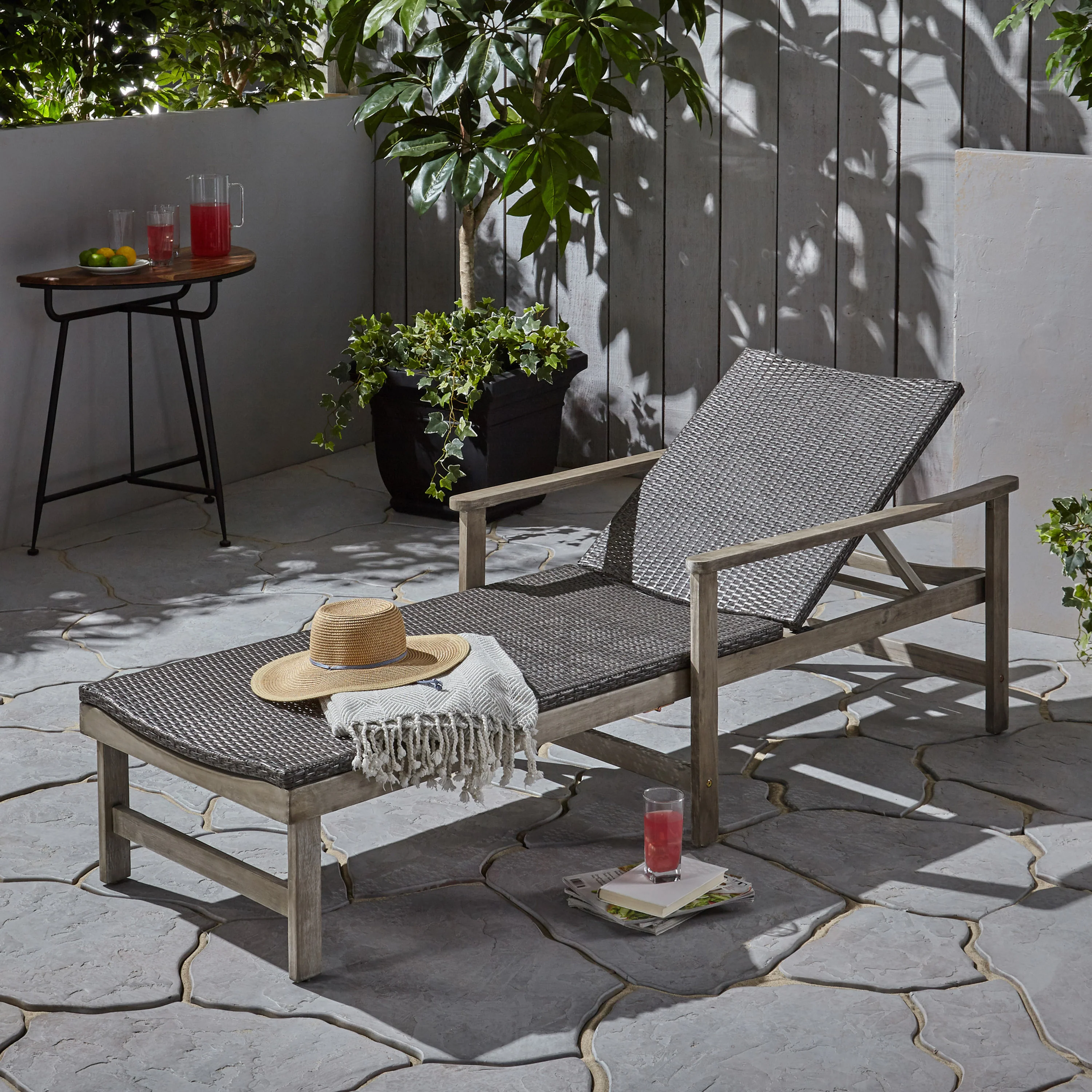 Kyle Outdoor Rustic Acacia Wood Chaise Lounge with Wicker Seating - furnishings