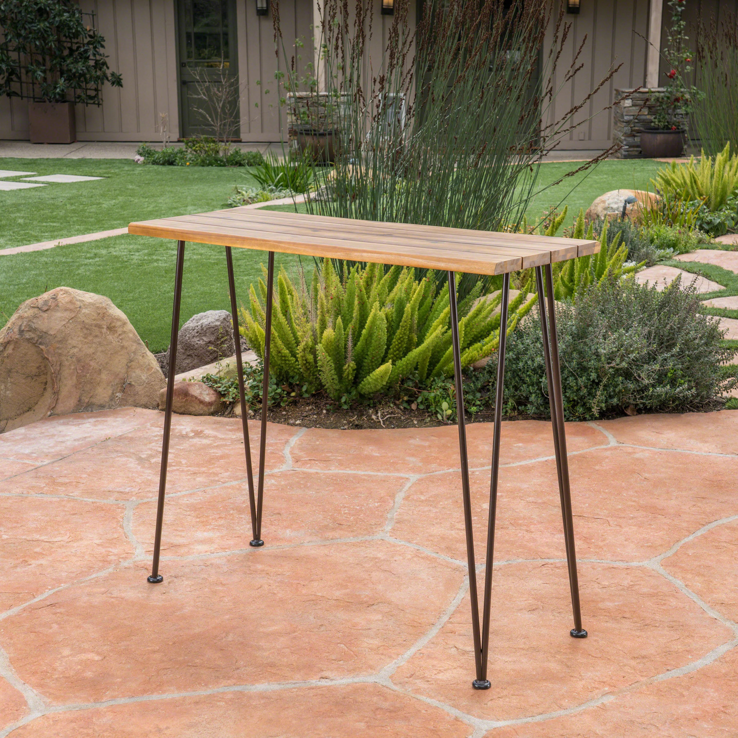 Avy Outdoor Rustic Industrial Acacia Wood Bar Table with Metal Hairpin Legs, Teak - furnishings