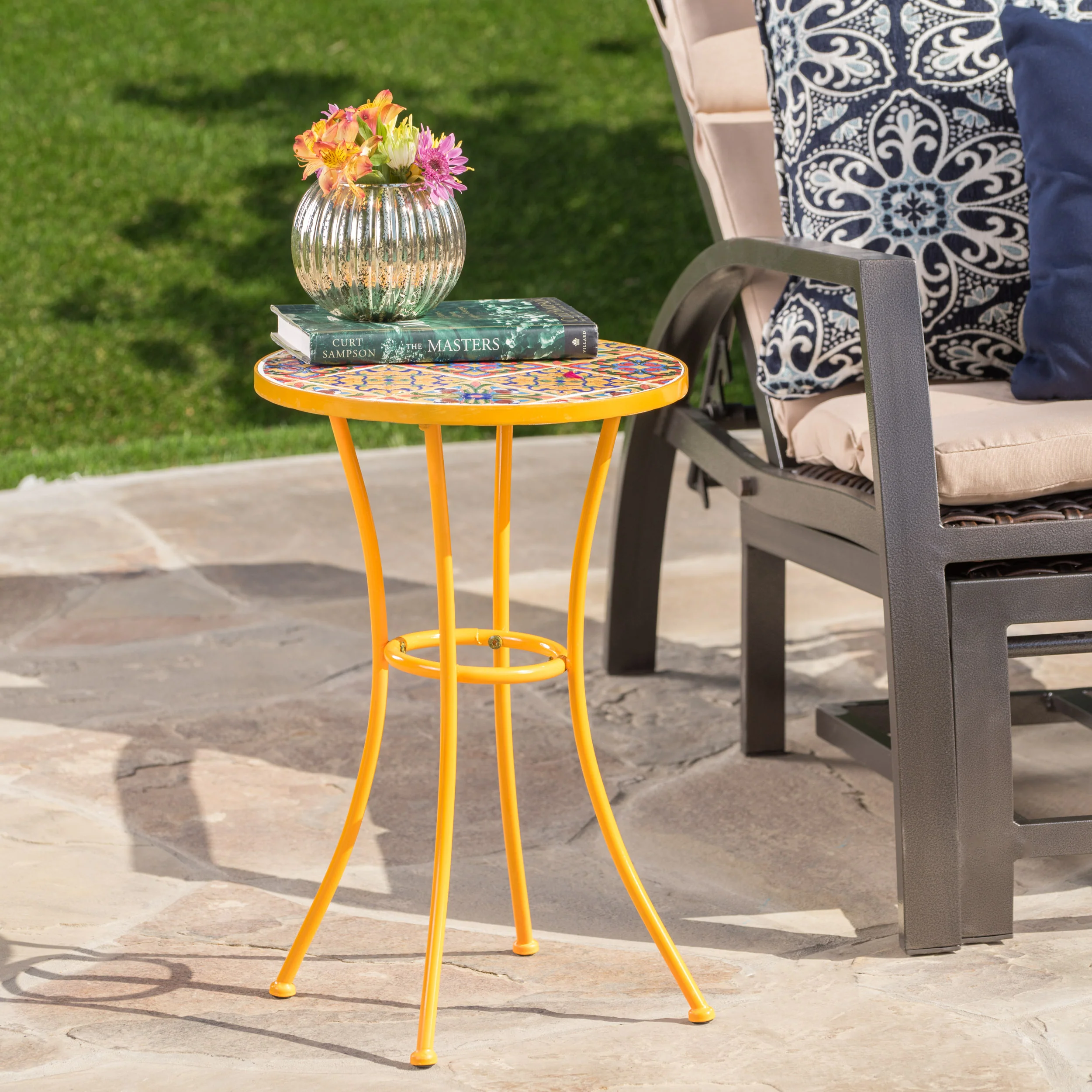 Brienne Outdoor Yellow Ceramic Tile Side Table with Iron Frame - furnishings