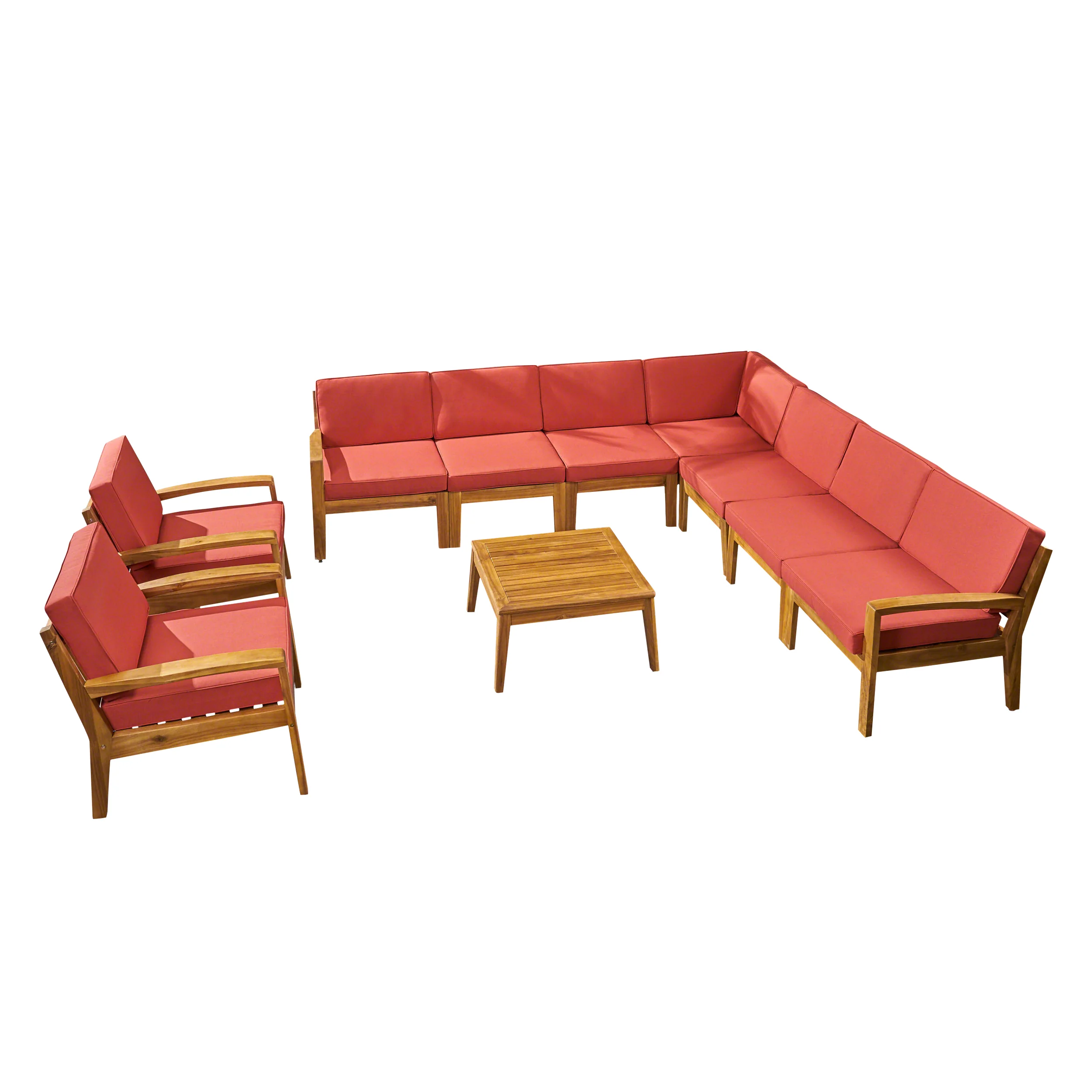 Madeline Outdoor Acacia Wood 9 Seater Sectional Sofa and Club Chair Set with Coffee Table - furnishings