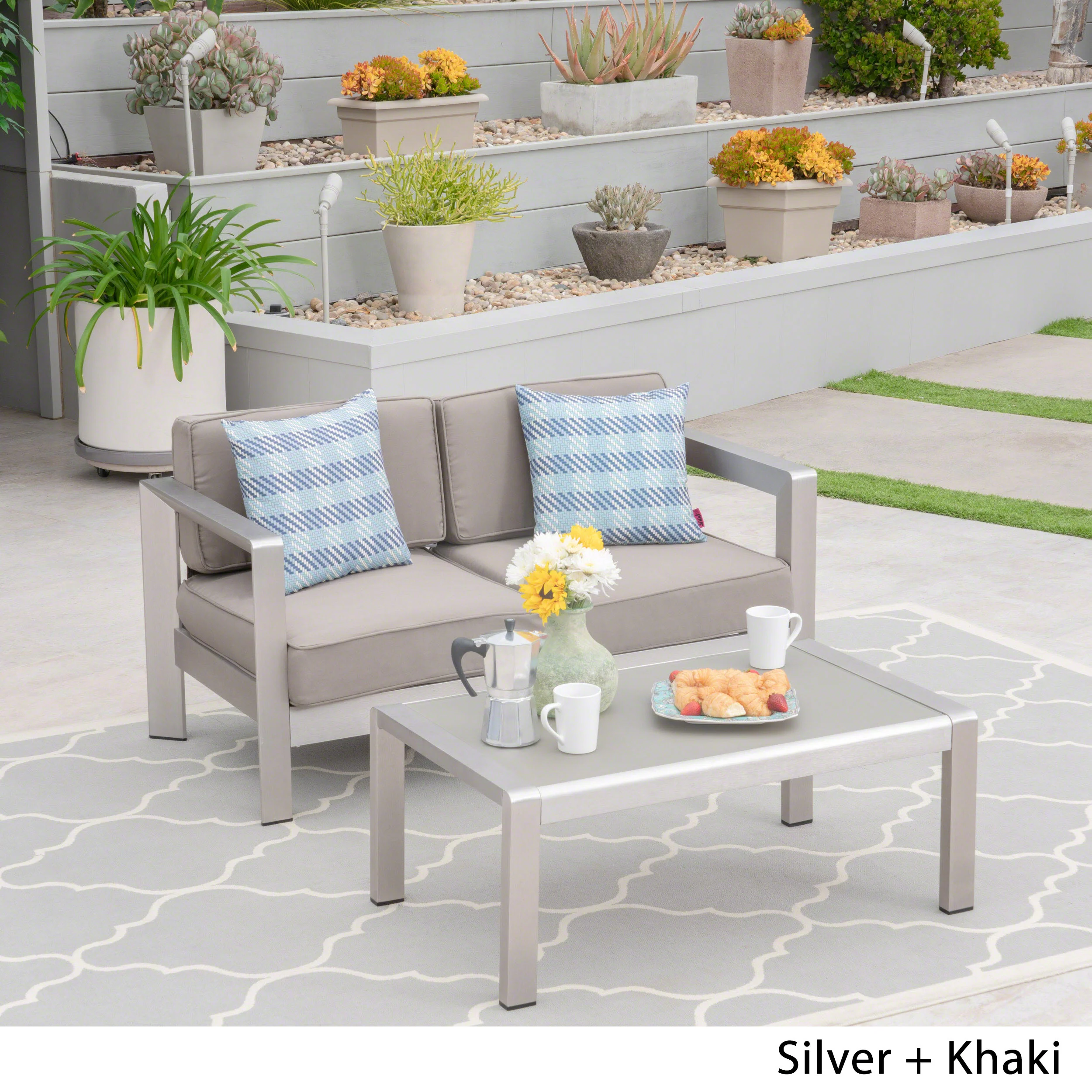 Booth Outdoor Aluminum Loveseat and Tempered Glass-Topped Coffee Table - furnishings
