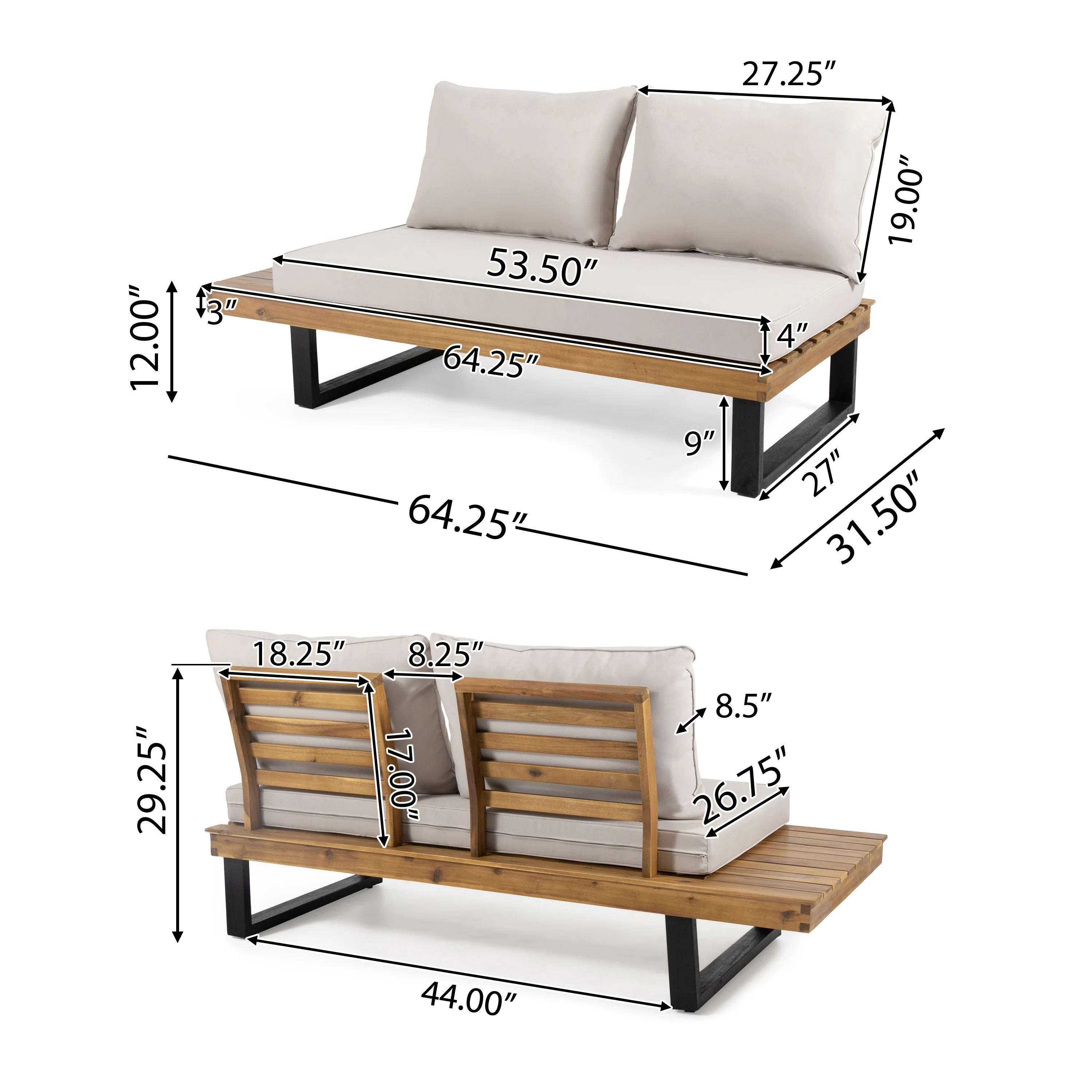 Sierra Outdoor Acacia Wood 5 Seater Sofa Sectional with Water-Resistant Cushions - furnishings