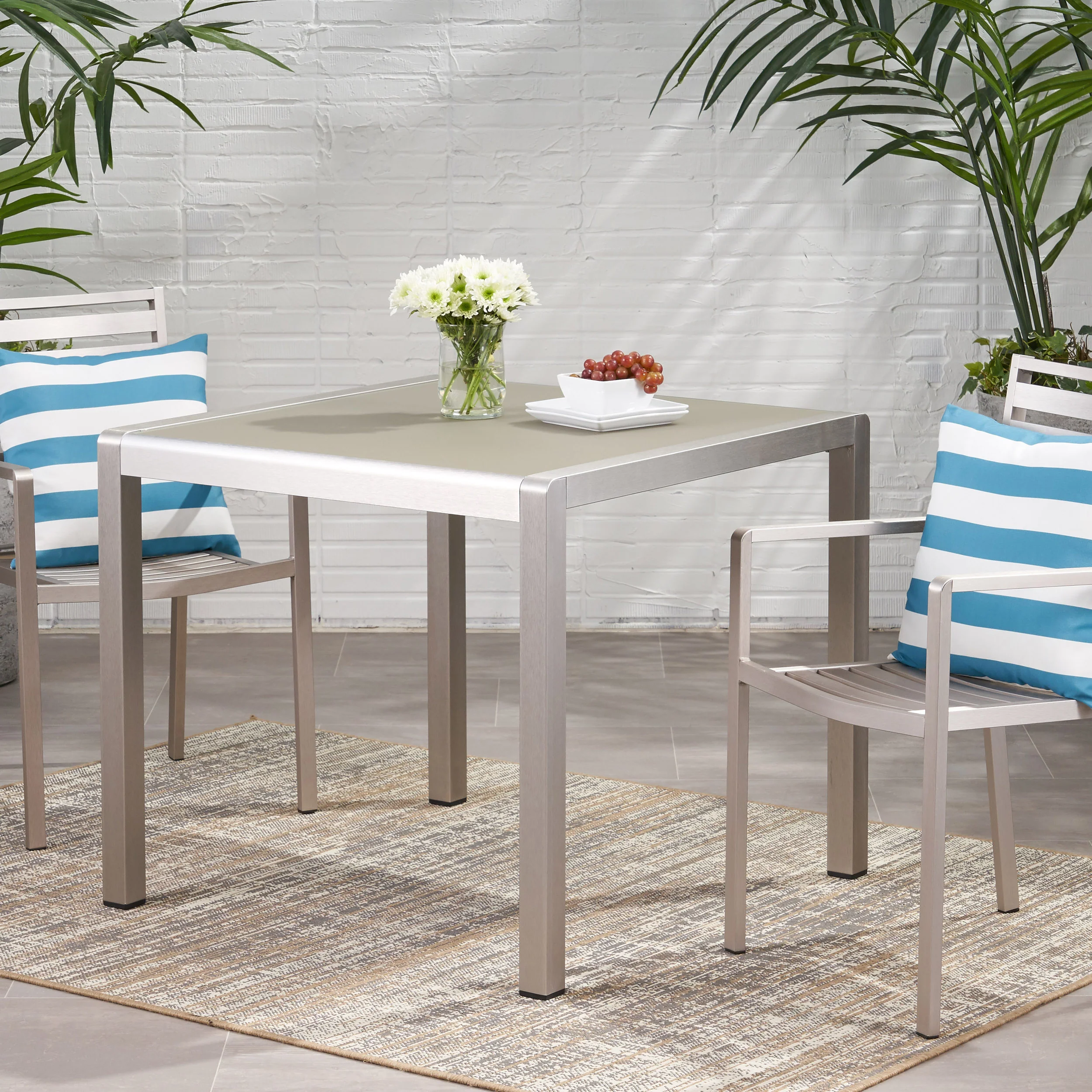 Louie Coral Outdoor Dining Table - Anodized Aluminum - Tempered Glass Table Top - Square - Silver and Gray - 35-inch - furnishings