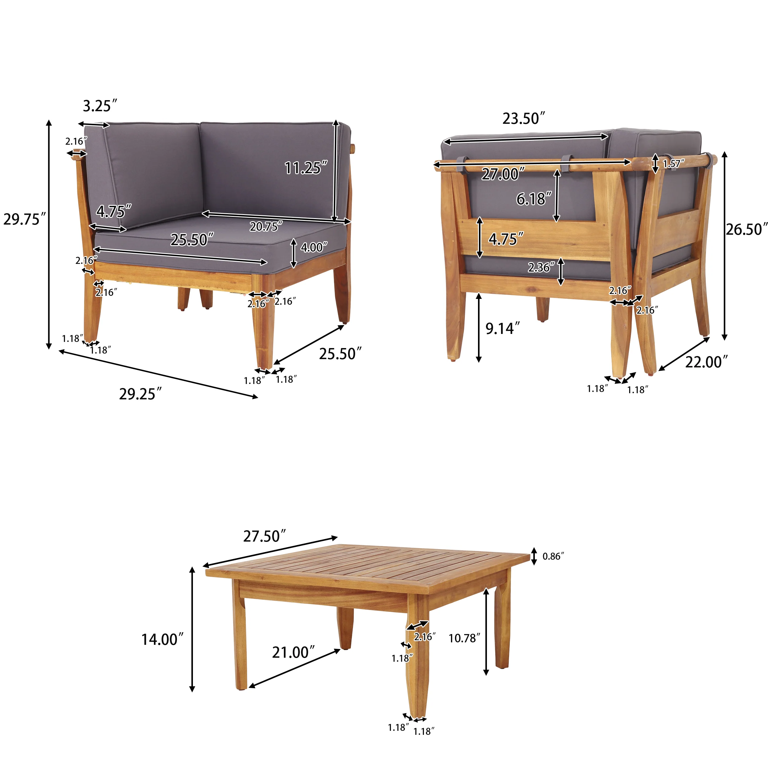 Bianca Outdoor Mid-Century Modern Acacia Wood 5 Seater Sectional Chat Set with Cushions, Teak and Dark Gray - furnishings