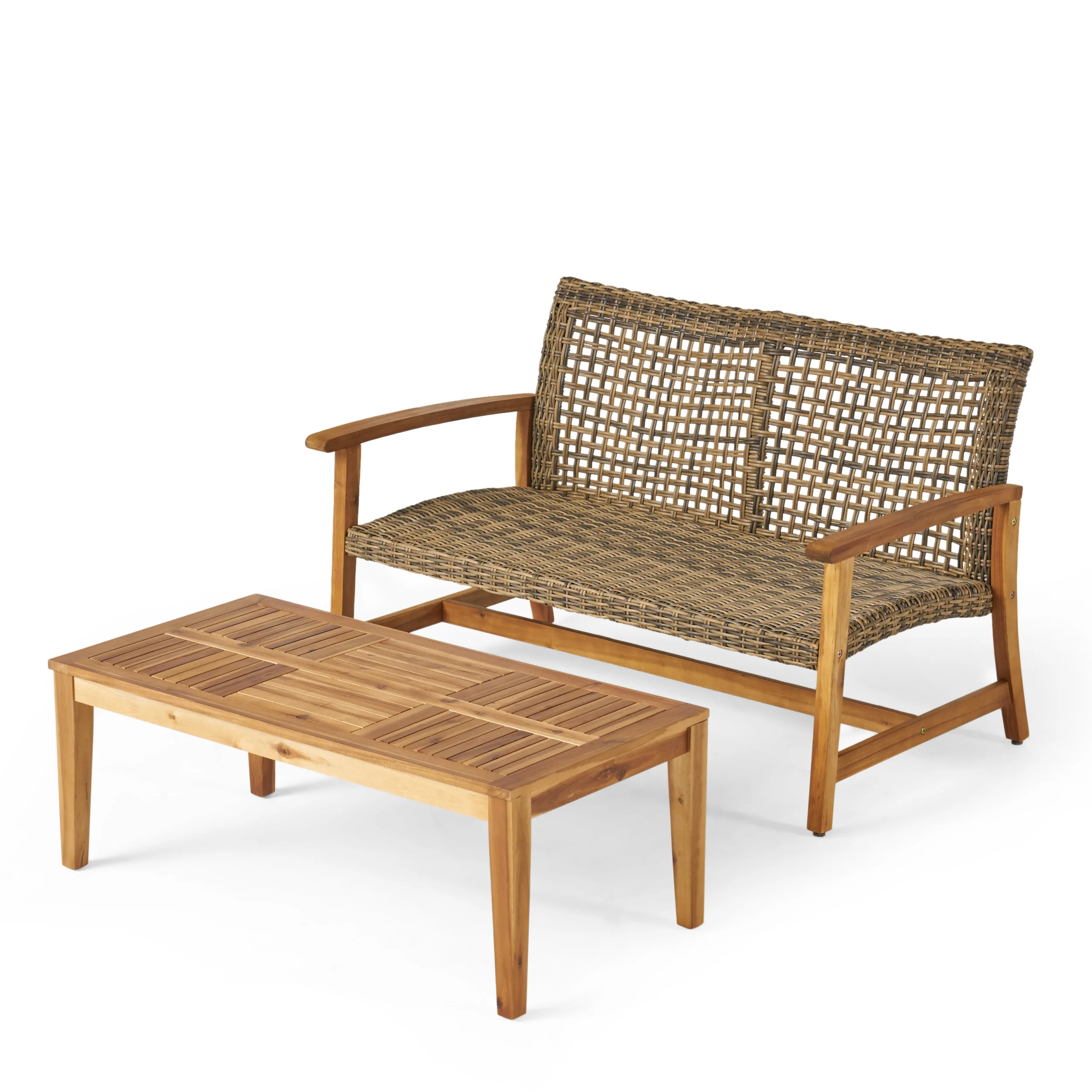 Spring Spender Outdoor Wood and Wicker Loveseat and Coffee Table Set - furnishings