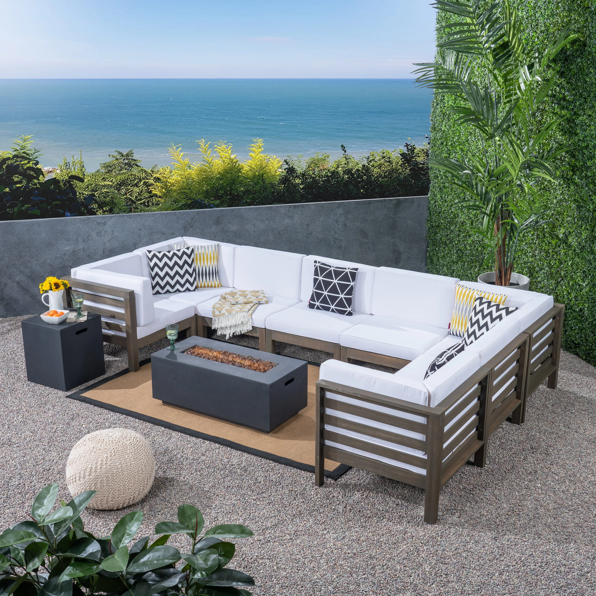 Ravello Outdoor U-Shaped Sectional Sofa Set with Fire Pit - furnishings