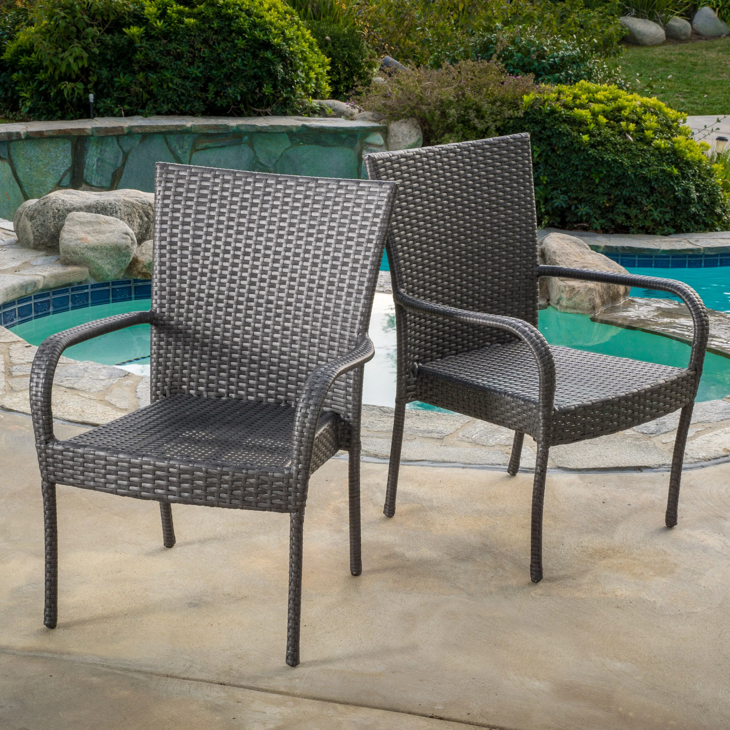 Parham Outdoor 3 Piece Grey Wicker Stacking Chair Chat Set - furnishings