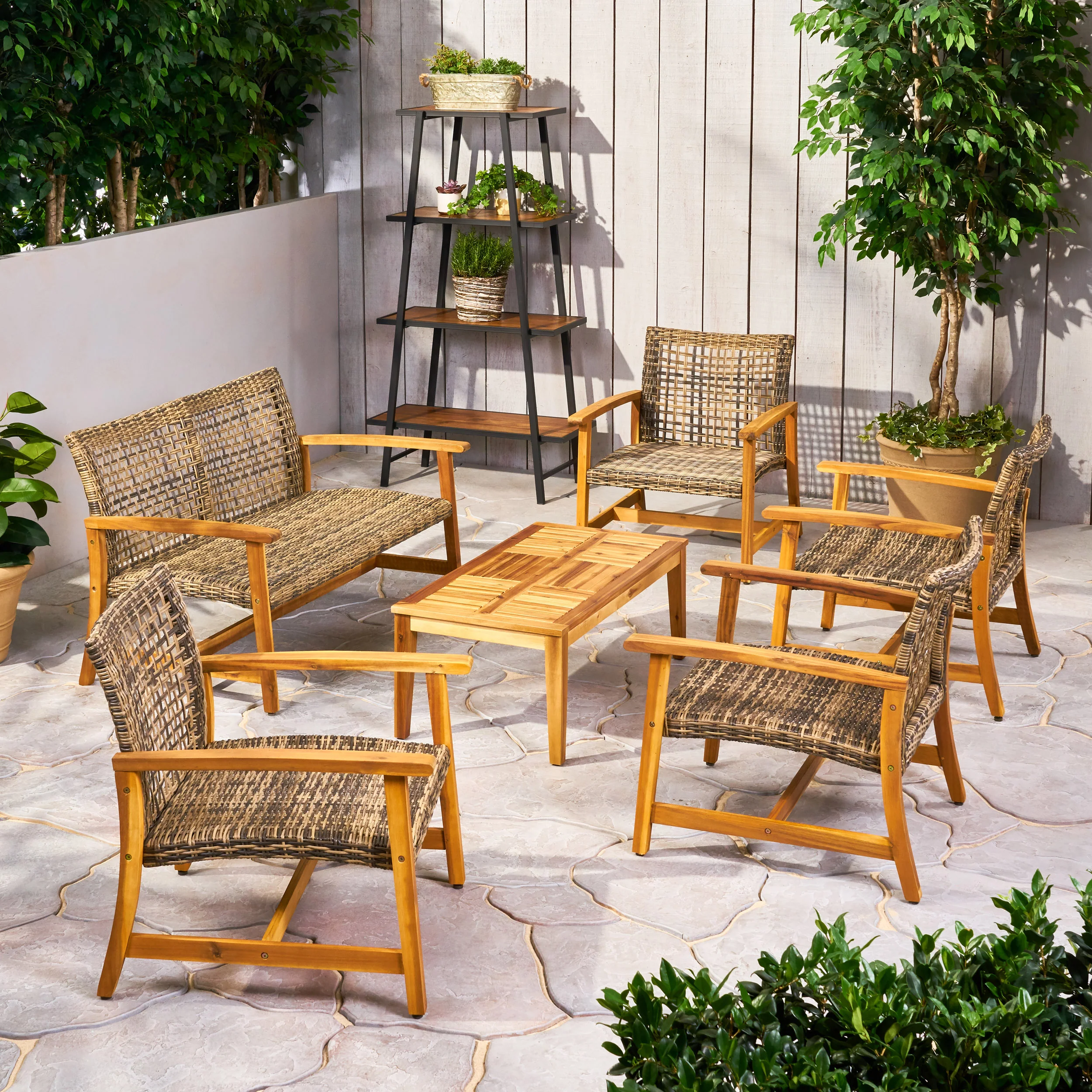Levant Outdoor 6 Piece Wood and Wicker Chat Set - furnishings