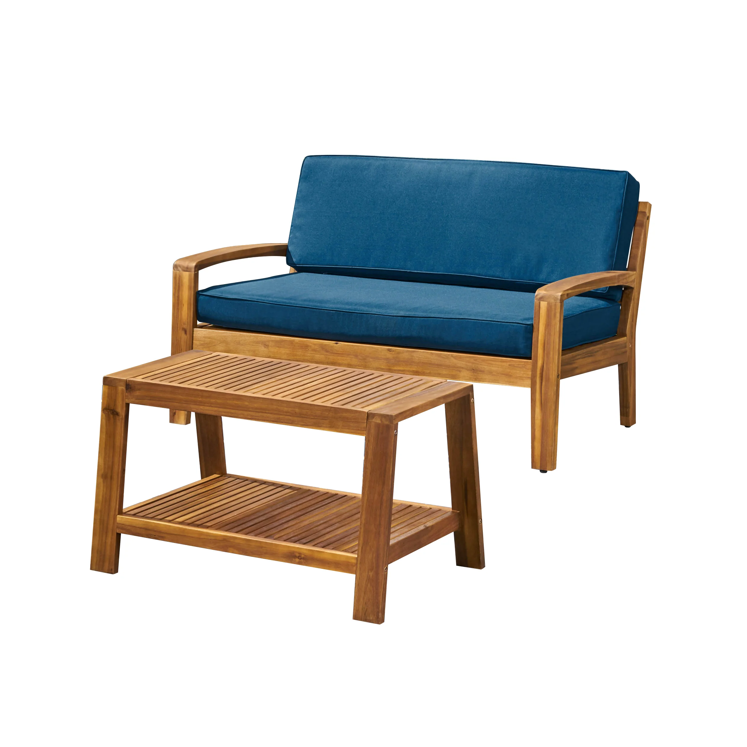 Parma Outdoor Acacia Wood Loveseat and Coffee Table Set with Cushions - furnishings