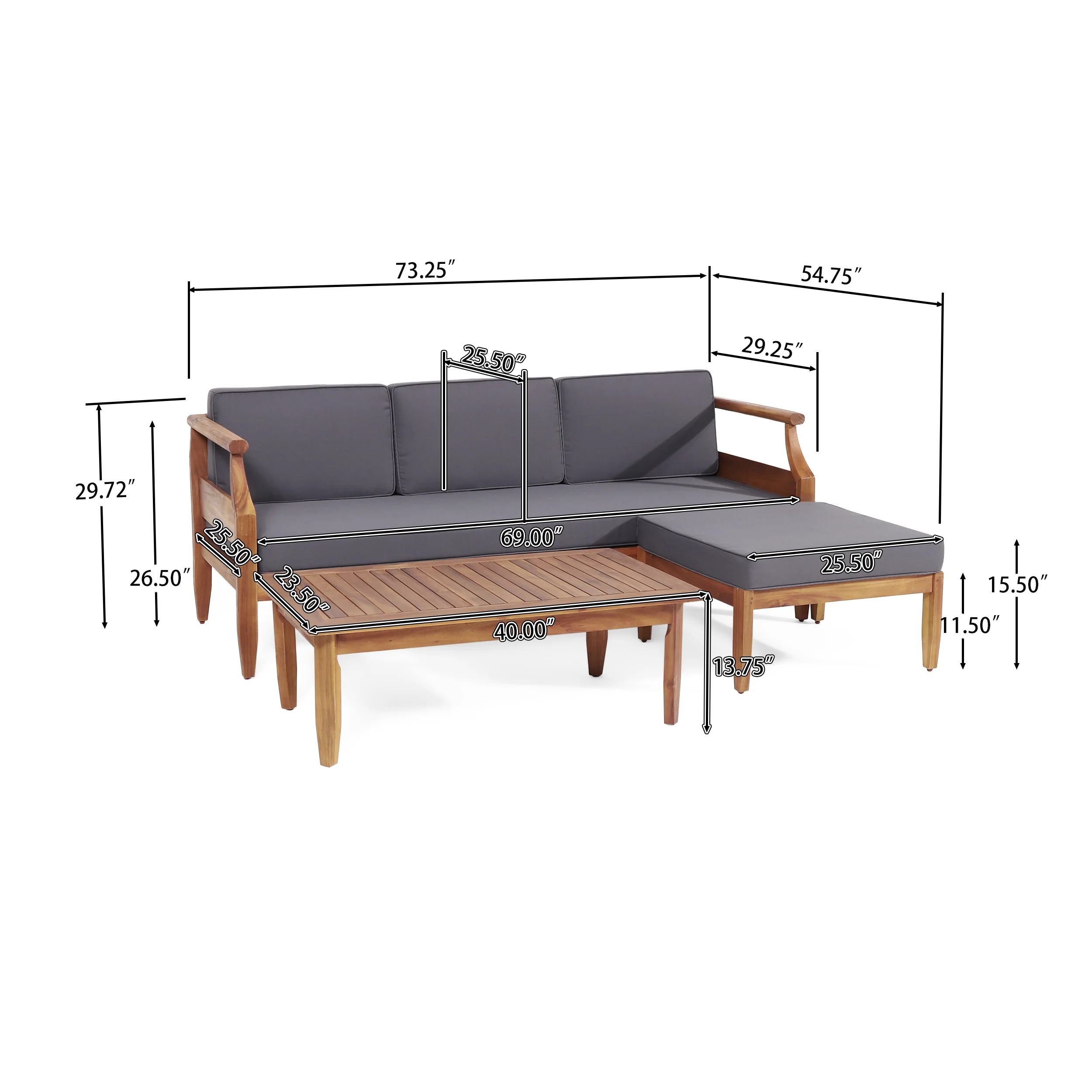Bianca Mid-Century Modern Acacia Wood 3 Seater Sofa Chat Set with Ottoman, Teak and Dark Gray - furnishings