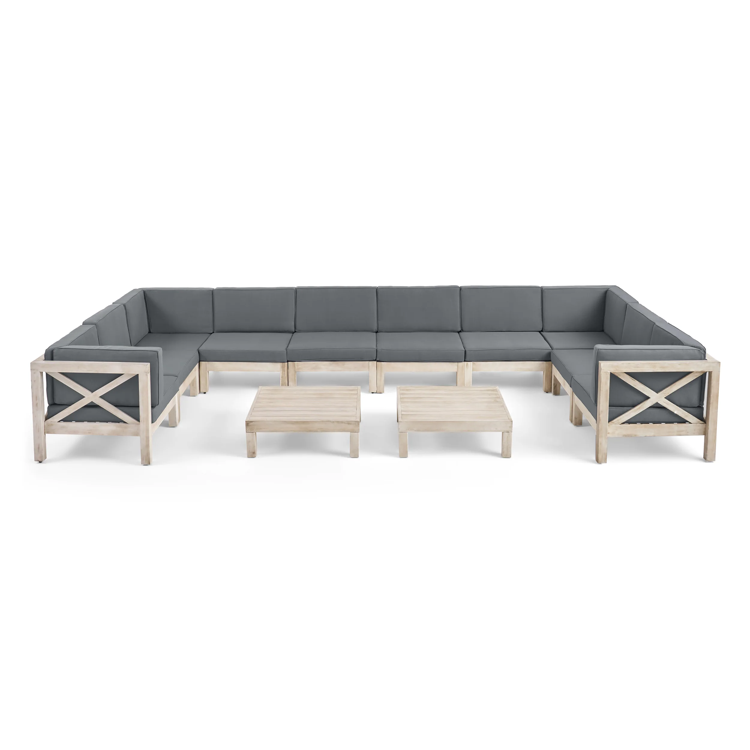 Cynthia Outdoor Acacia Wood 10 Seater U-Shaped Sectional Sofa Set with Two Coffee Tables - furnishings