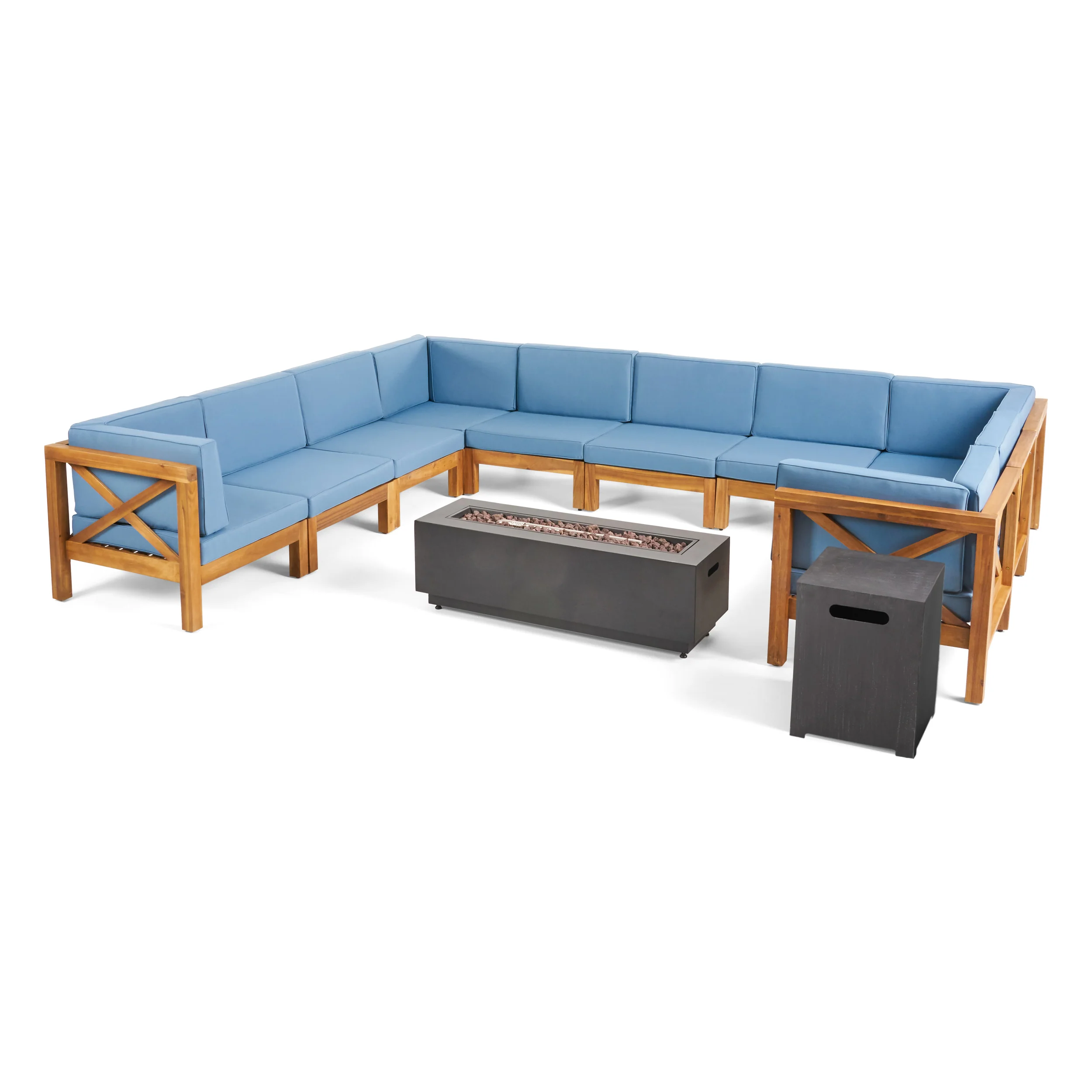 Lorelei Outdoor Acacia Wood 10 Seater U-Shaped Sectional Sofa Set with Fire Pit - furnishings