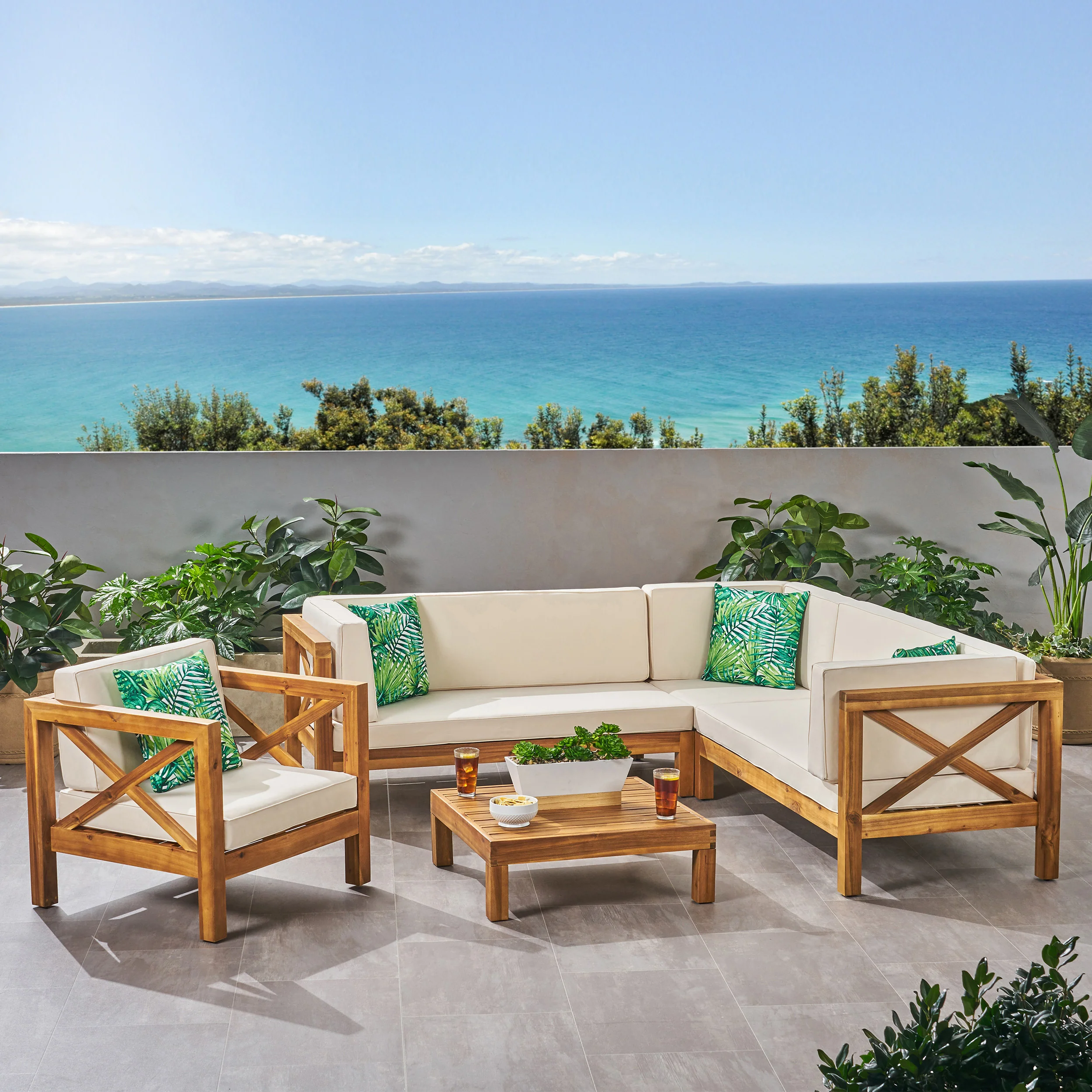Morgan Outdoor 6 Seater Acacia Wood Sectional Sofa and Club Chair Set - furnishings