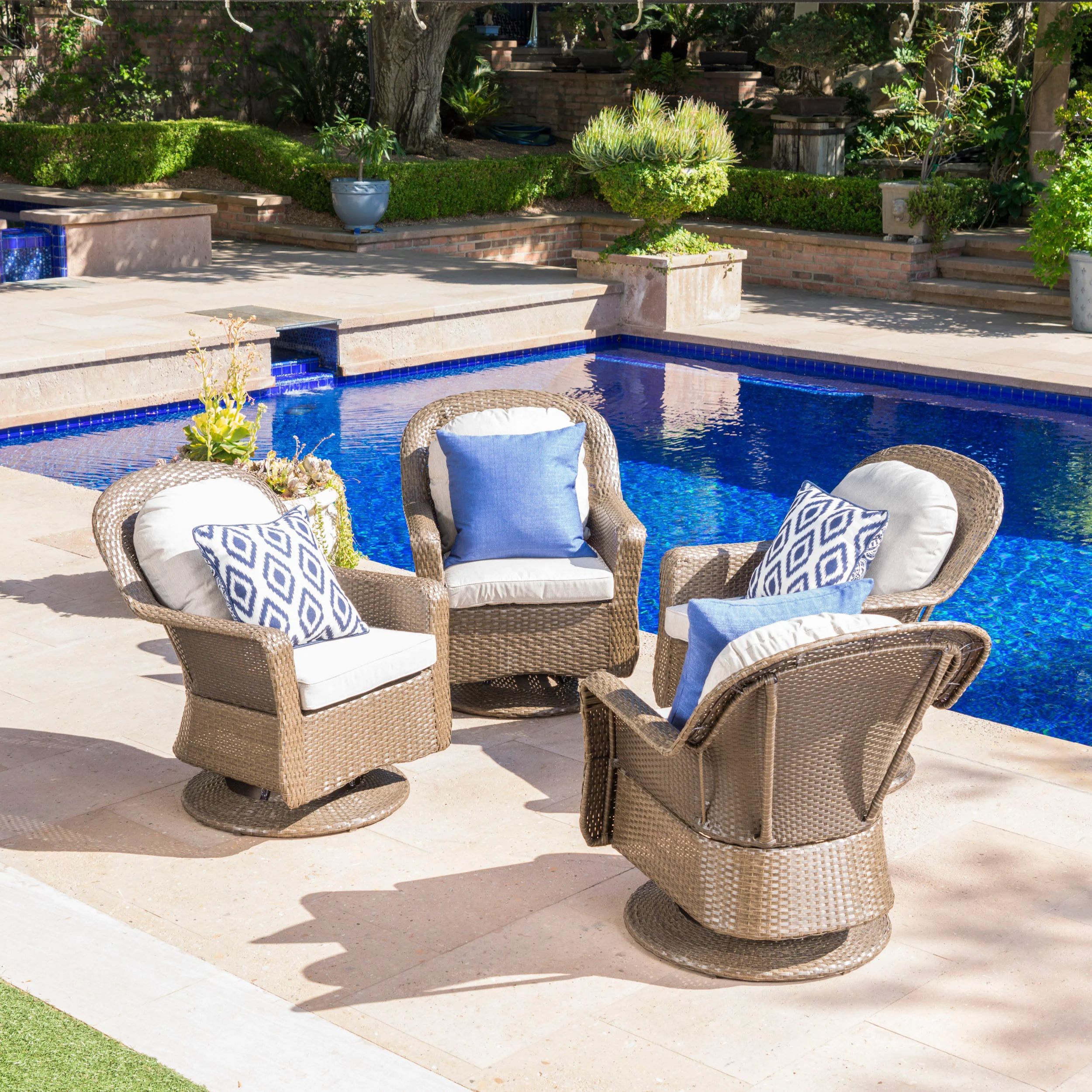 Linsten Outdoor Wicker Swivel Club Chairs with Water Resistant Cushions - furnishings