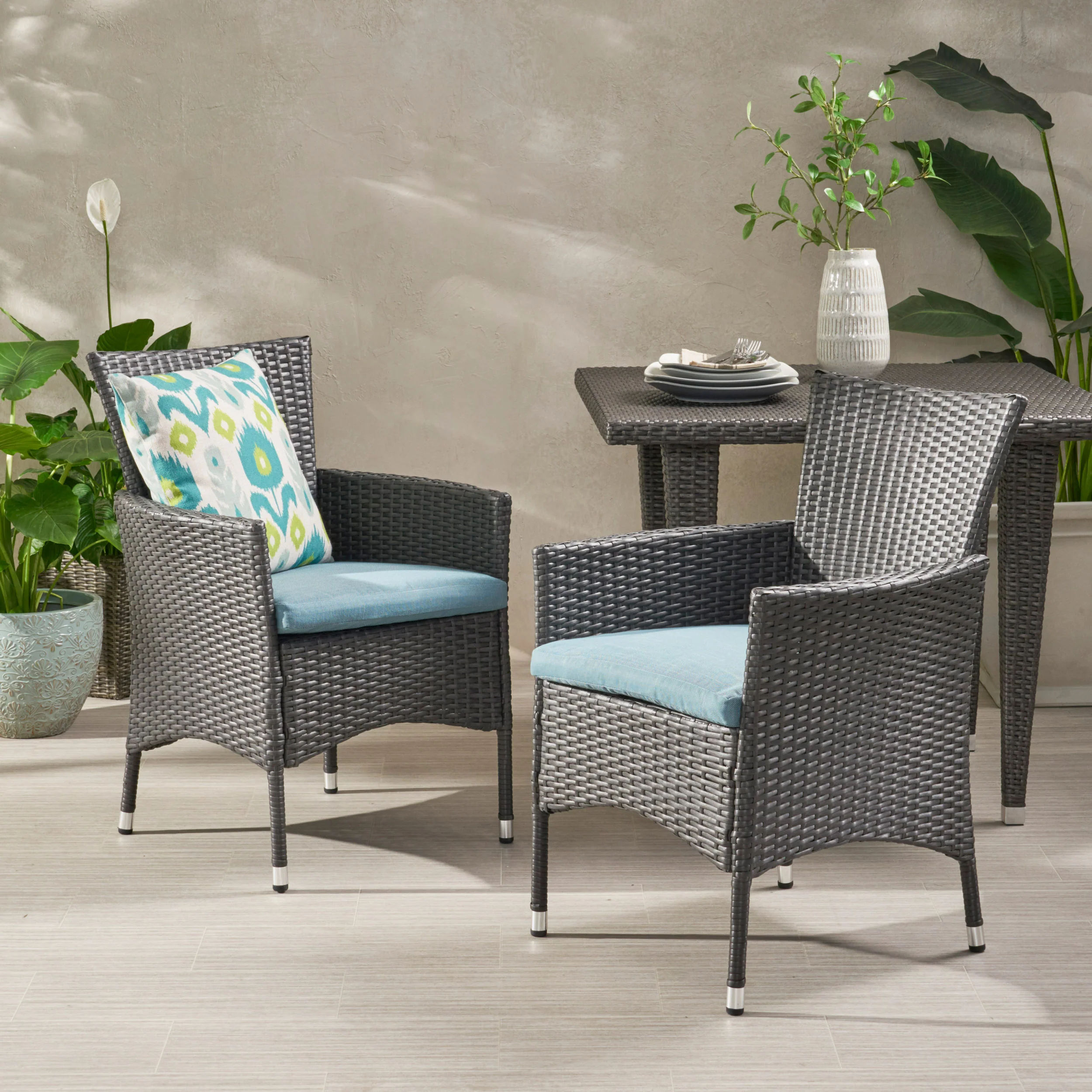 Clementine Outdoor Wicker Dining Chairs with Water Resistant Cushions - Set of 2 - furnishings