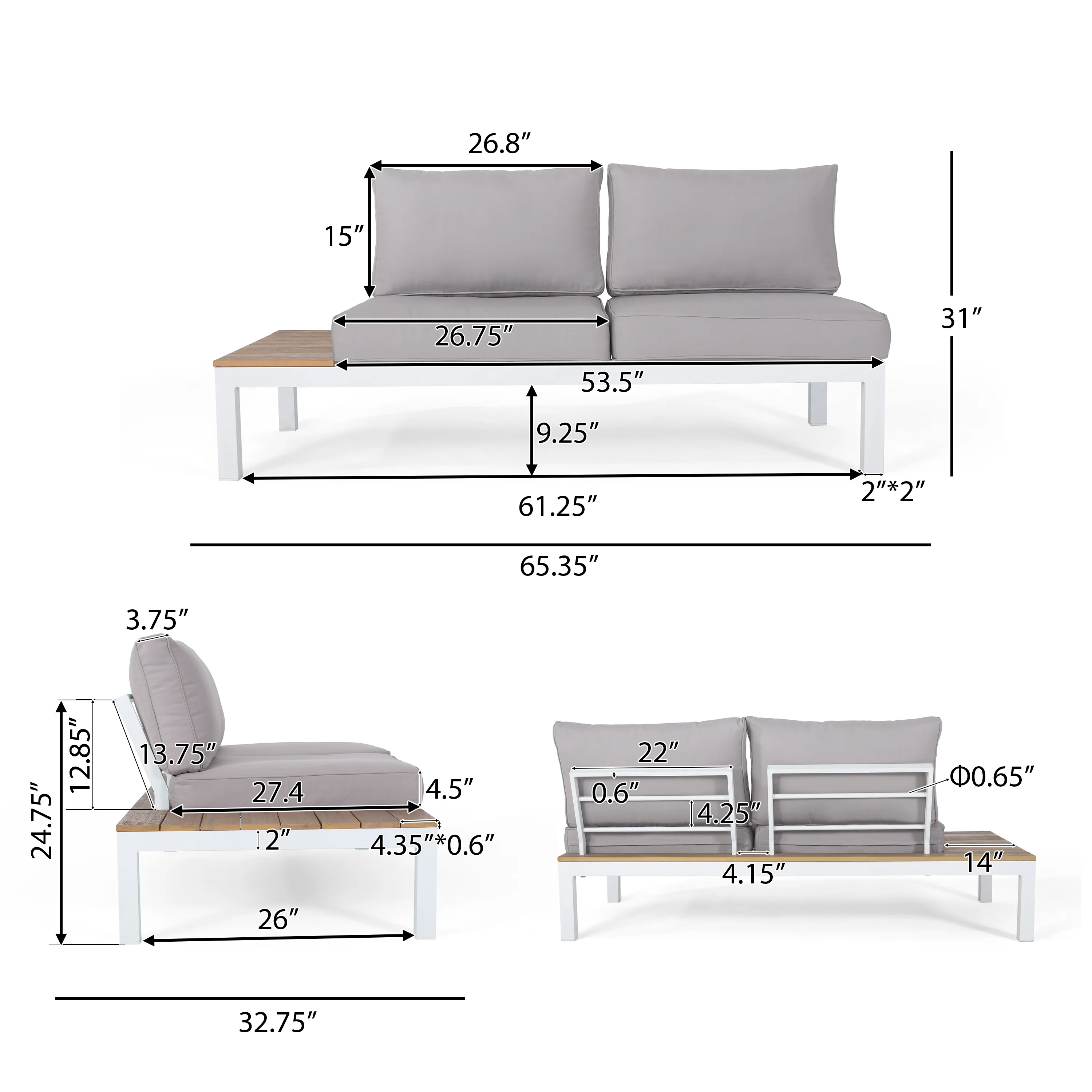 Blessen Outdoor Aluminum and Wood V-Shaped Sofa Set with Cushions - furnishings