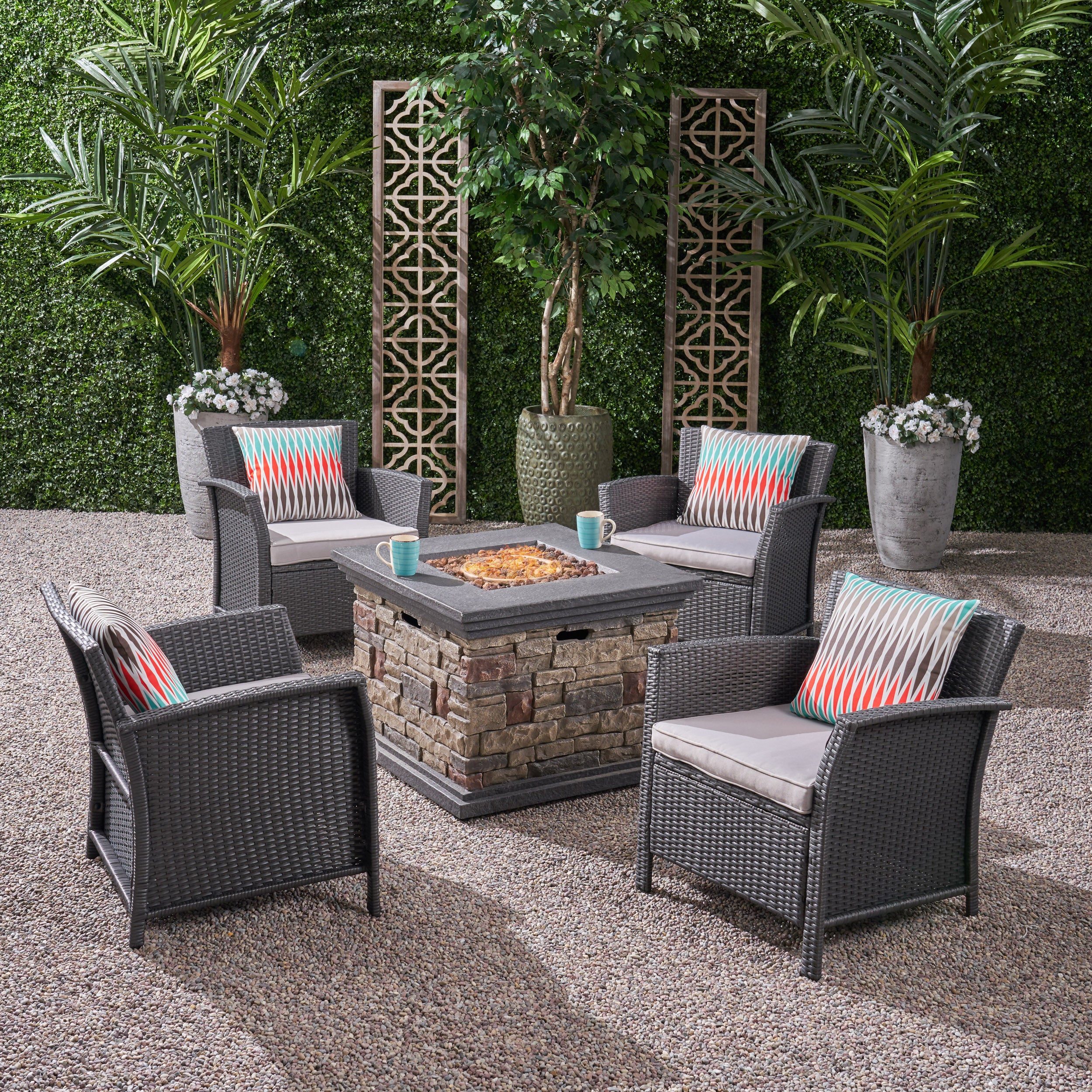 Laiah Outdoor 4 Piece Wicker Club Chair Chat Set with Fire Pit - furnishings