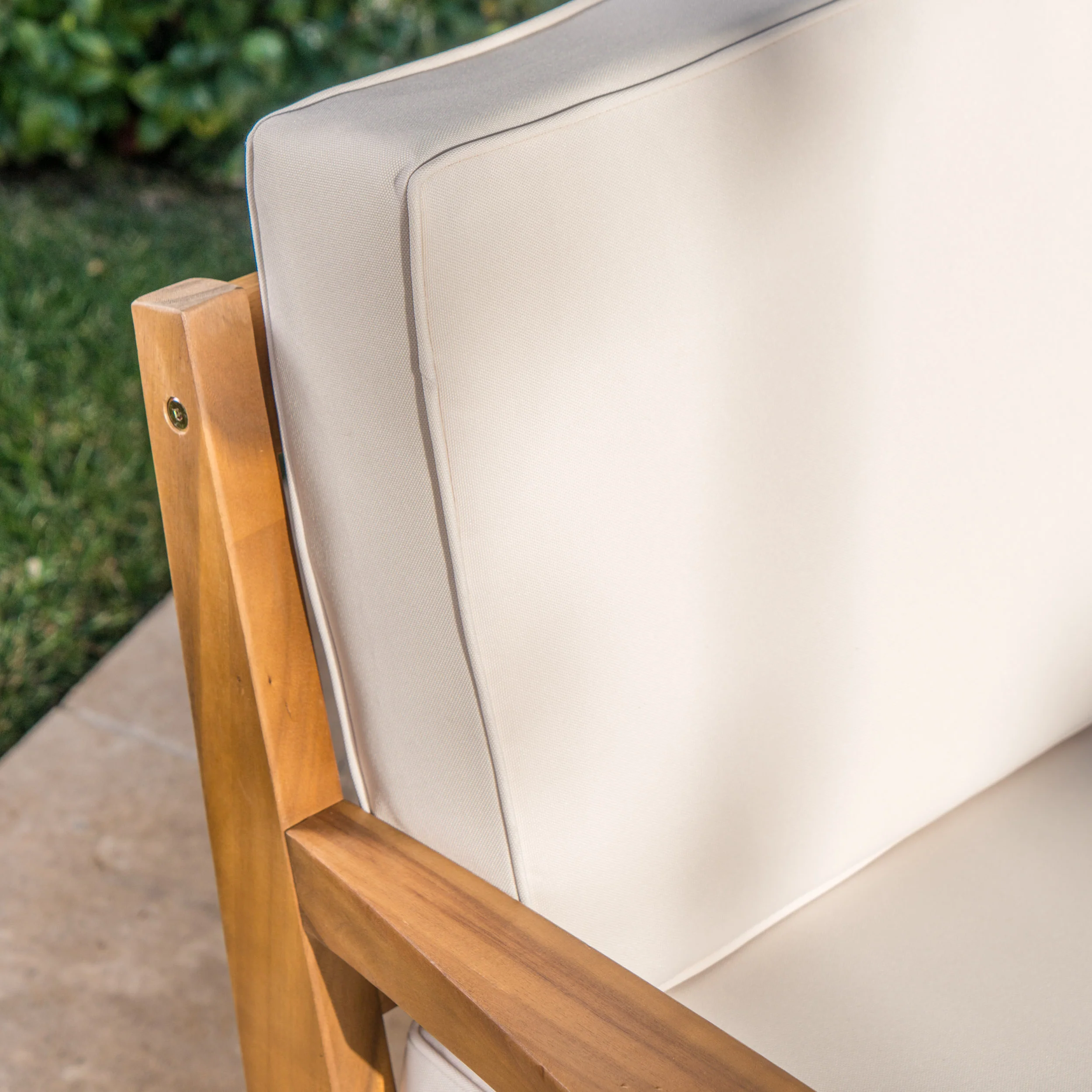 Christian Outdoor Acacia Wood Loveseat and Coffee Table Set with Cushions - furnishings