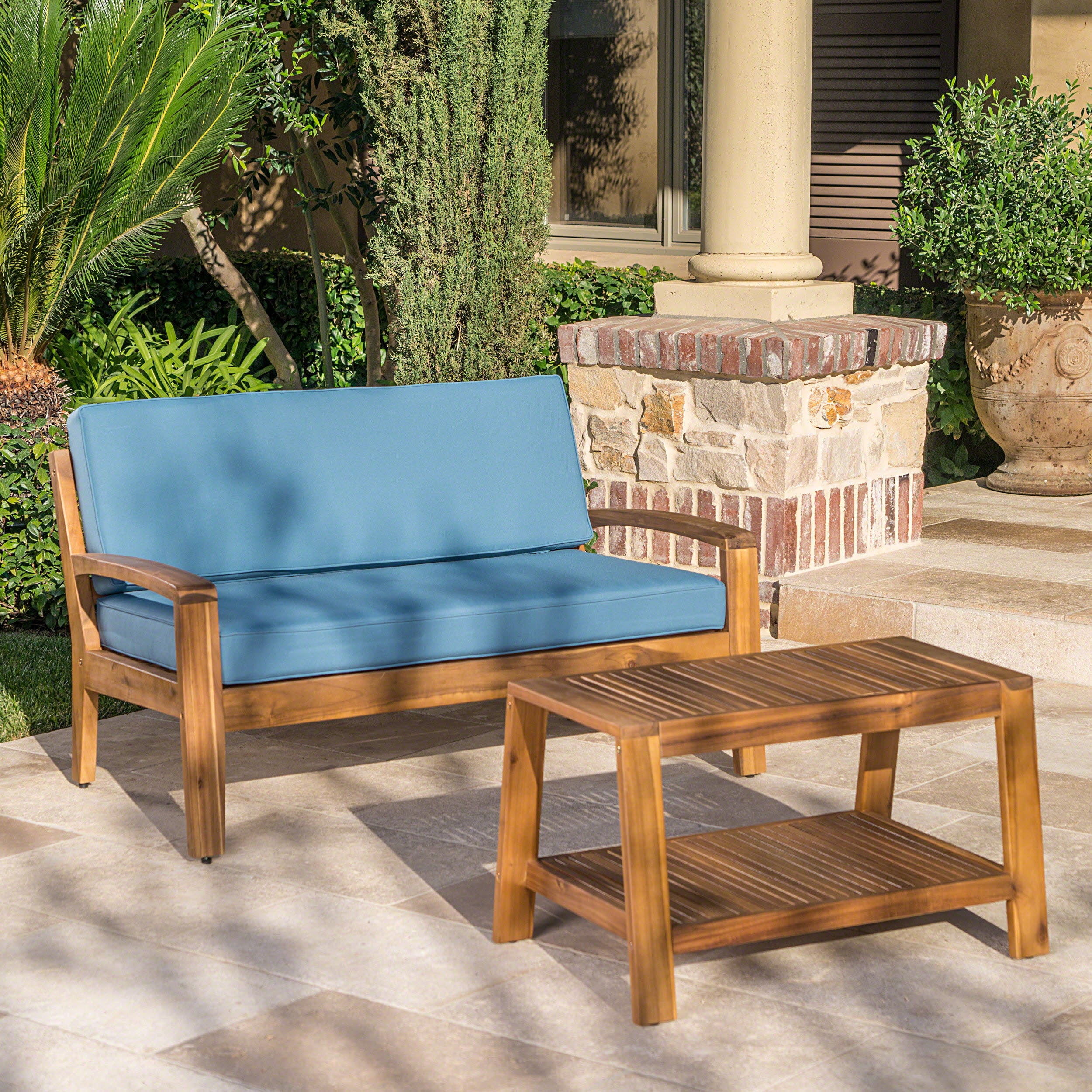 Christian Outdoor Acacia Wood Loveseat and Coffee Table Set with Cushions - furnishings