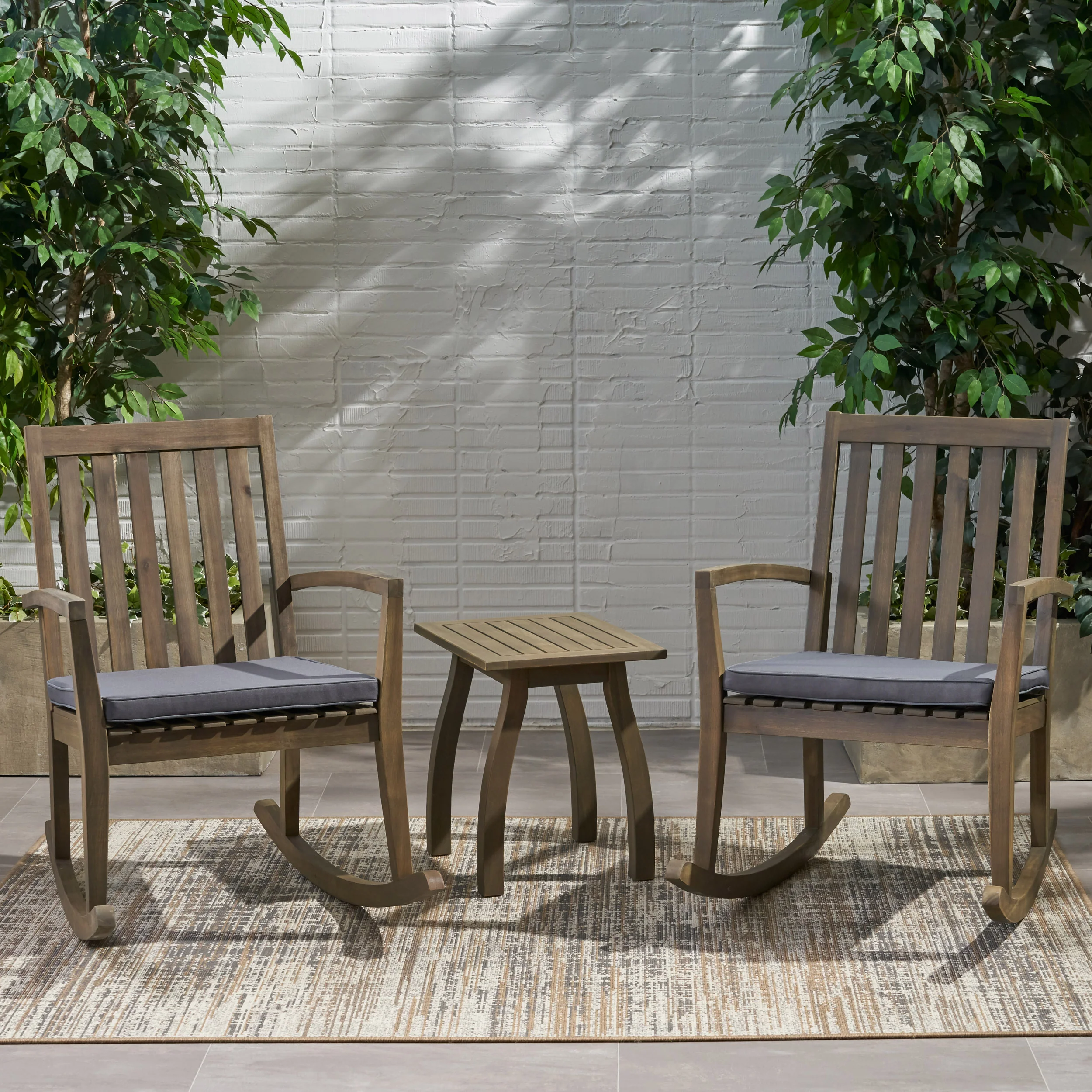 Yvonne Outdoor Acacia Wood Rocking Chair Chat Set - furnishings