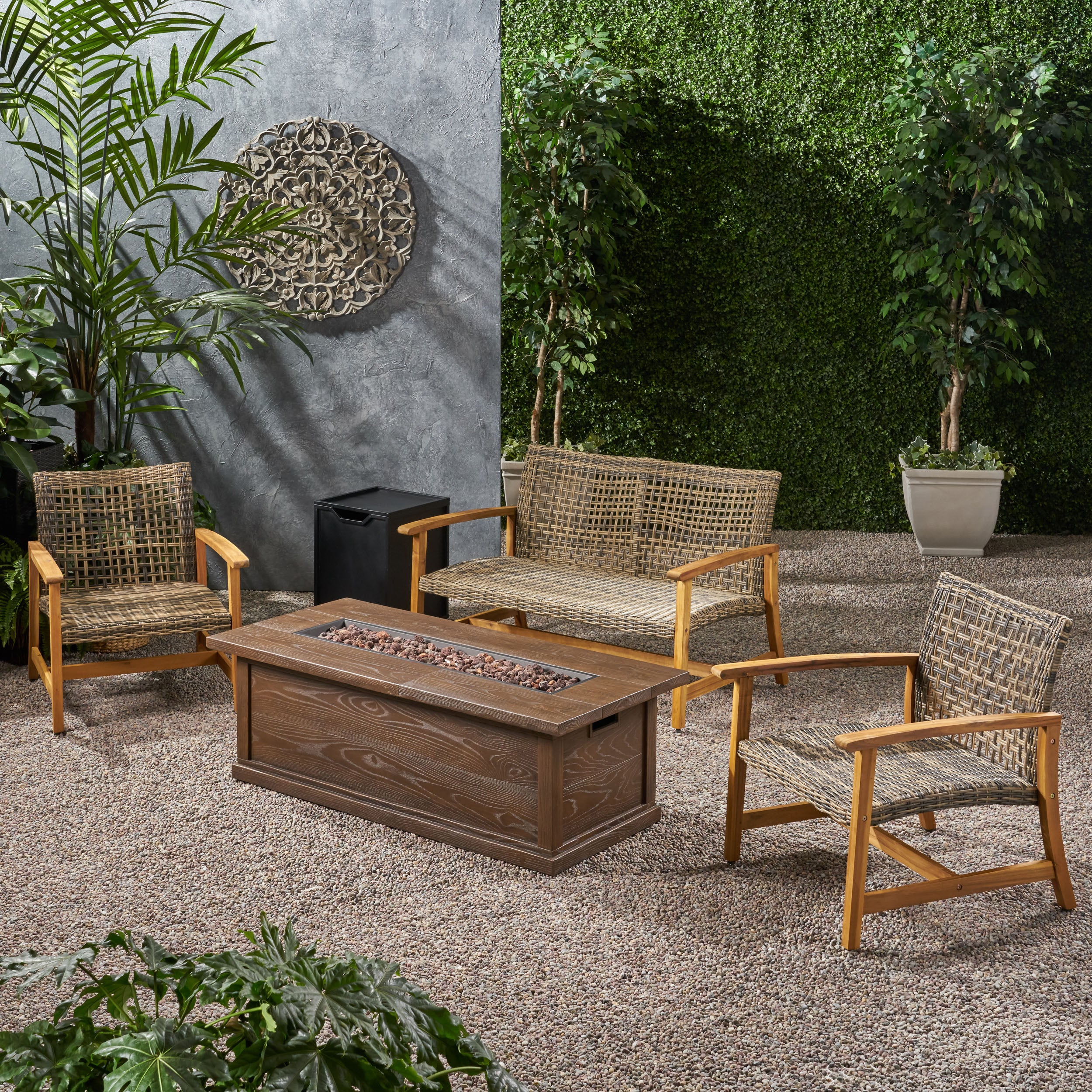 Rachel Outdoor 5 Piece Wood and Wicker Chat Set with Fire Pit - furnishings