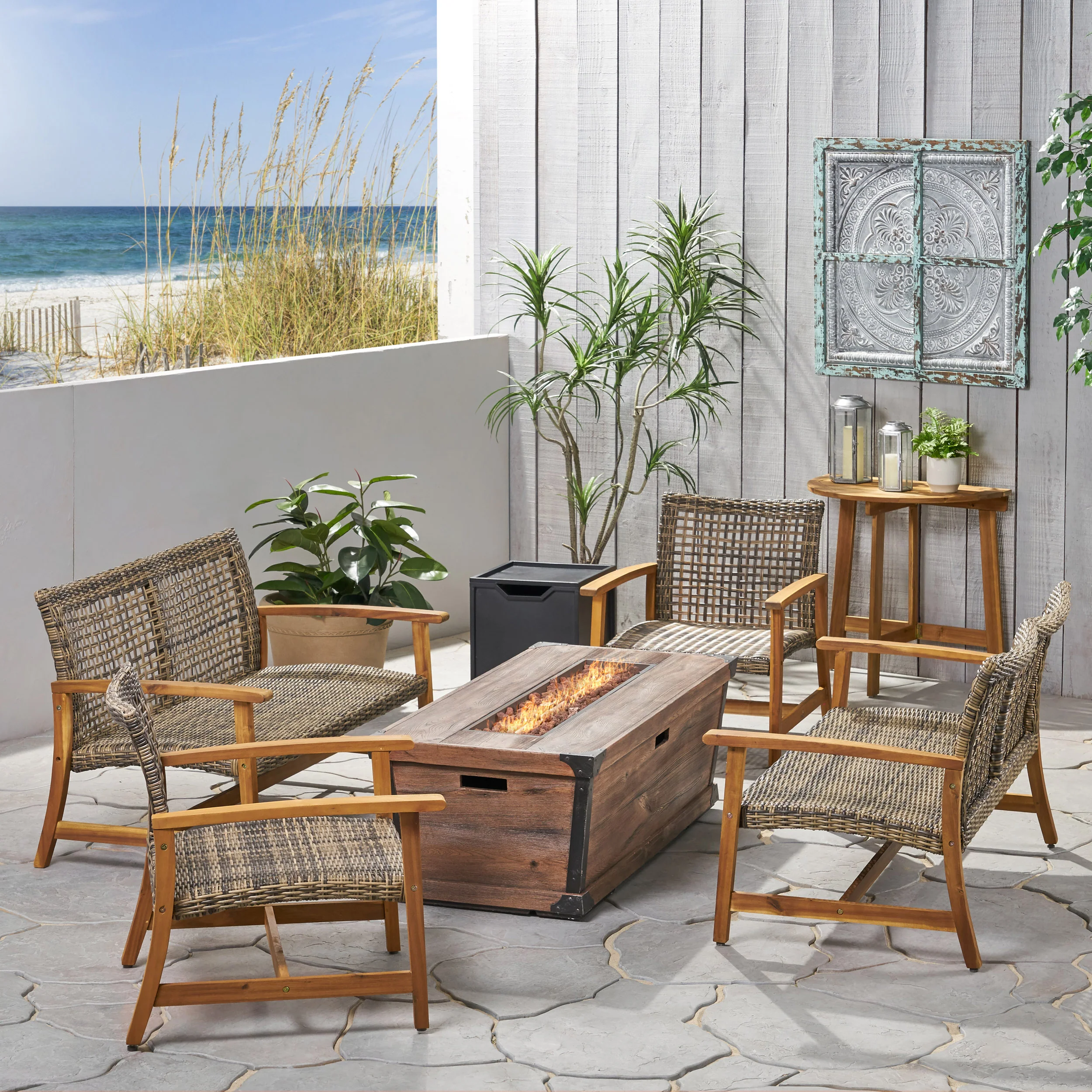 Levant Outdoor 6-Seater Wood and Wicker Chat Set with Fire Pit - furnishings