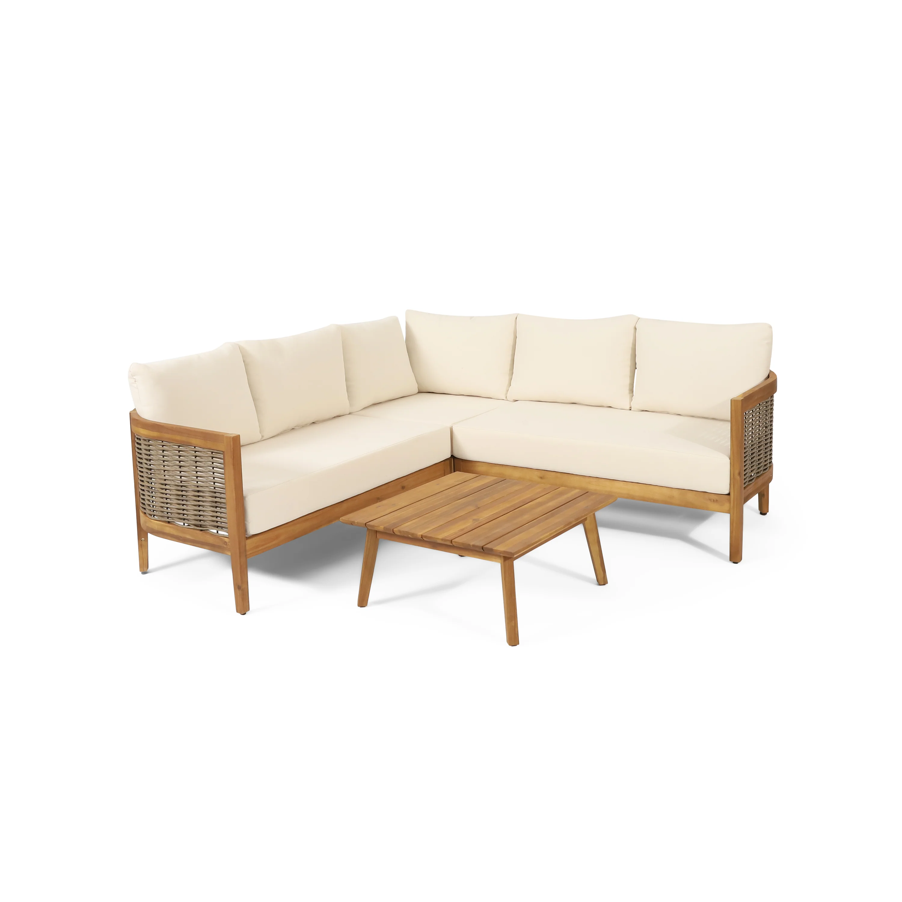 The Crowne Collection Outdoor Acacia Wood and Round Wicker 5 Seater Sectional Sofa Chat Set with Cushions, Teak, Mixed Brown, and Beige - furnishings
