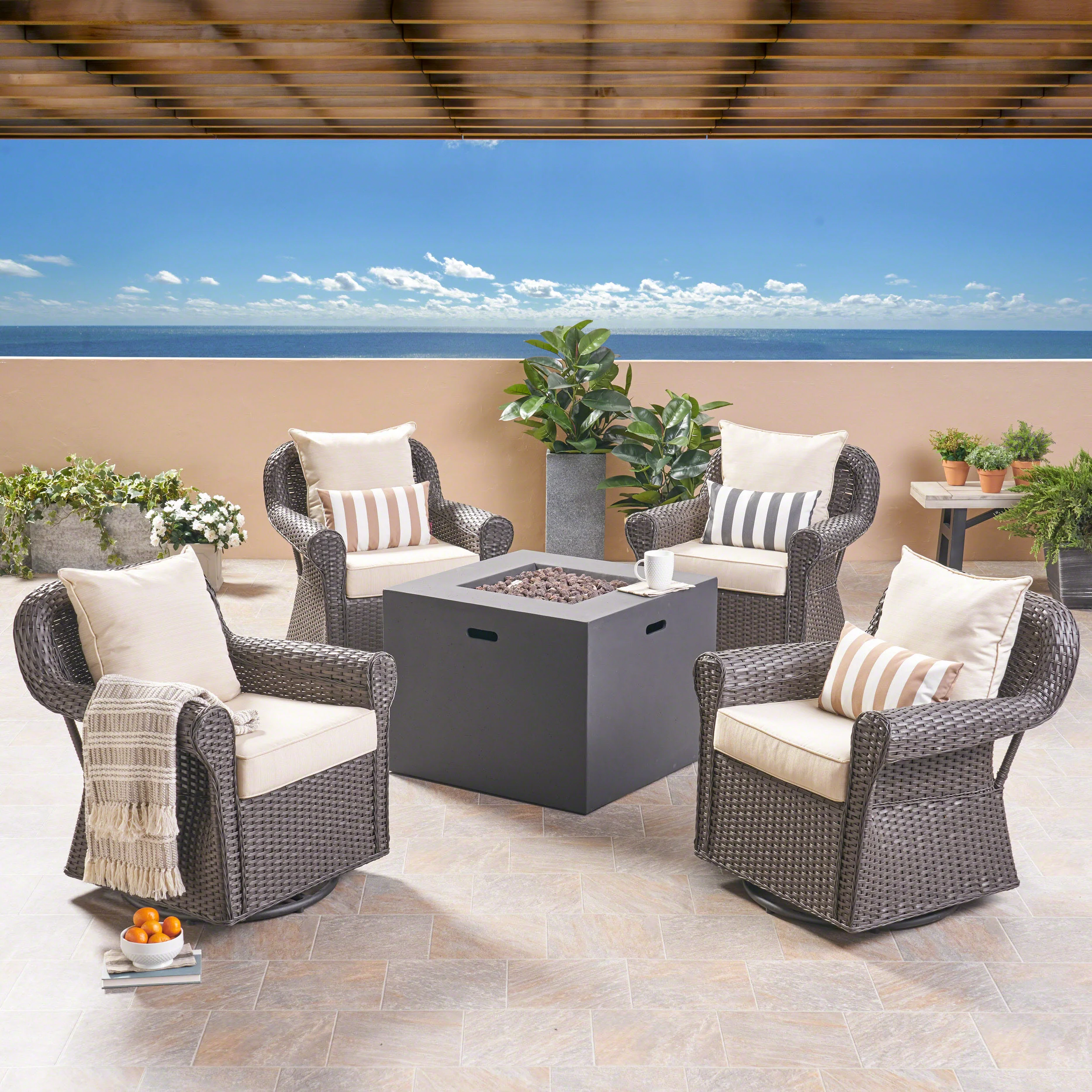 Lustar Outdoor 4 Piece Swivel Club Chair Set with Square Fire Pit - furnishings