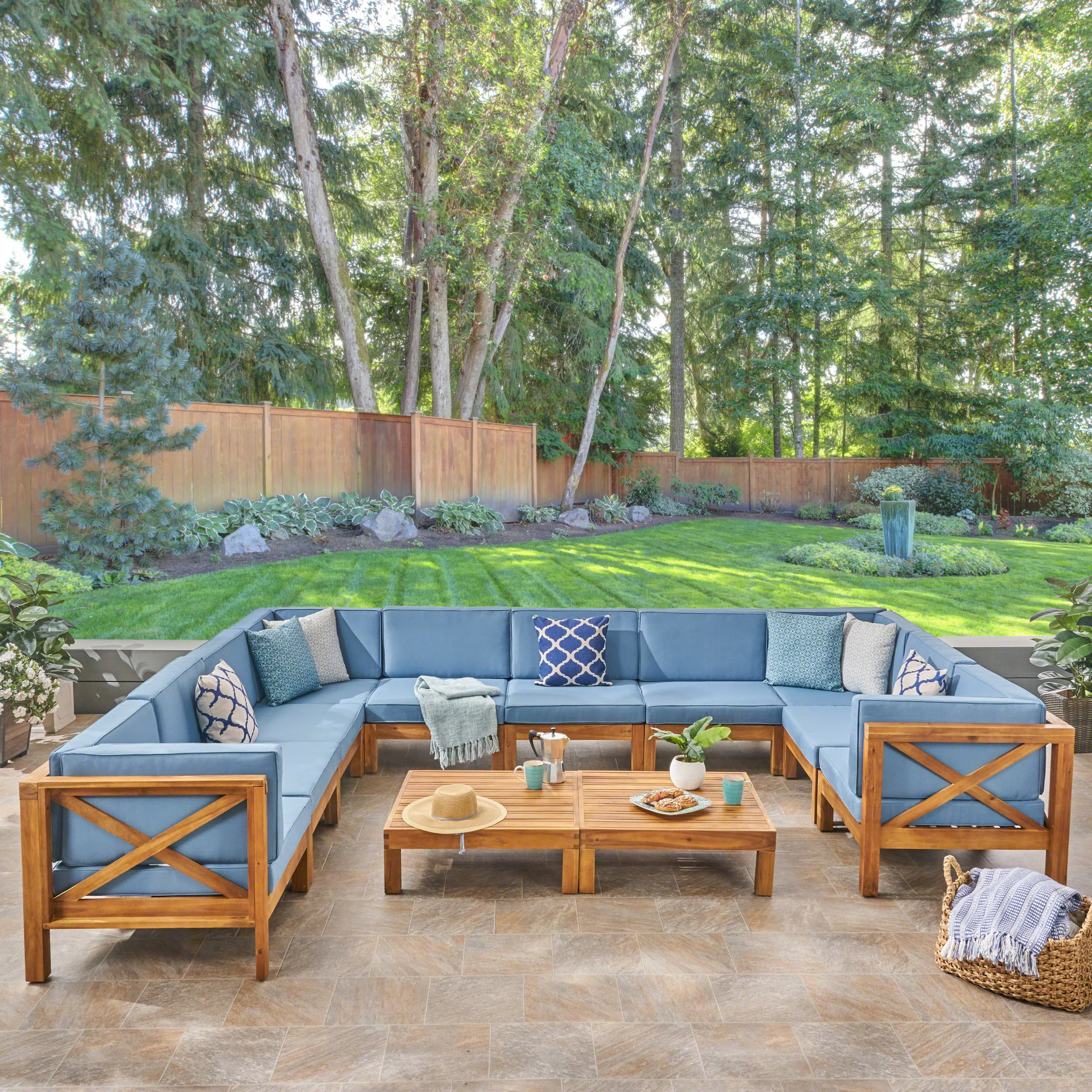 Cynthia Outdoor Acacia Wood 12-Piece U-Shaped Sectional Sofa Set with Two Coffee Tables - furnishings
