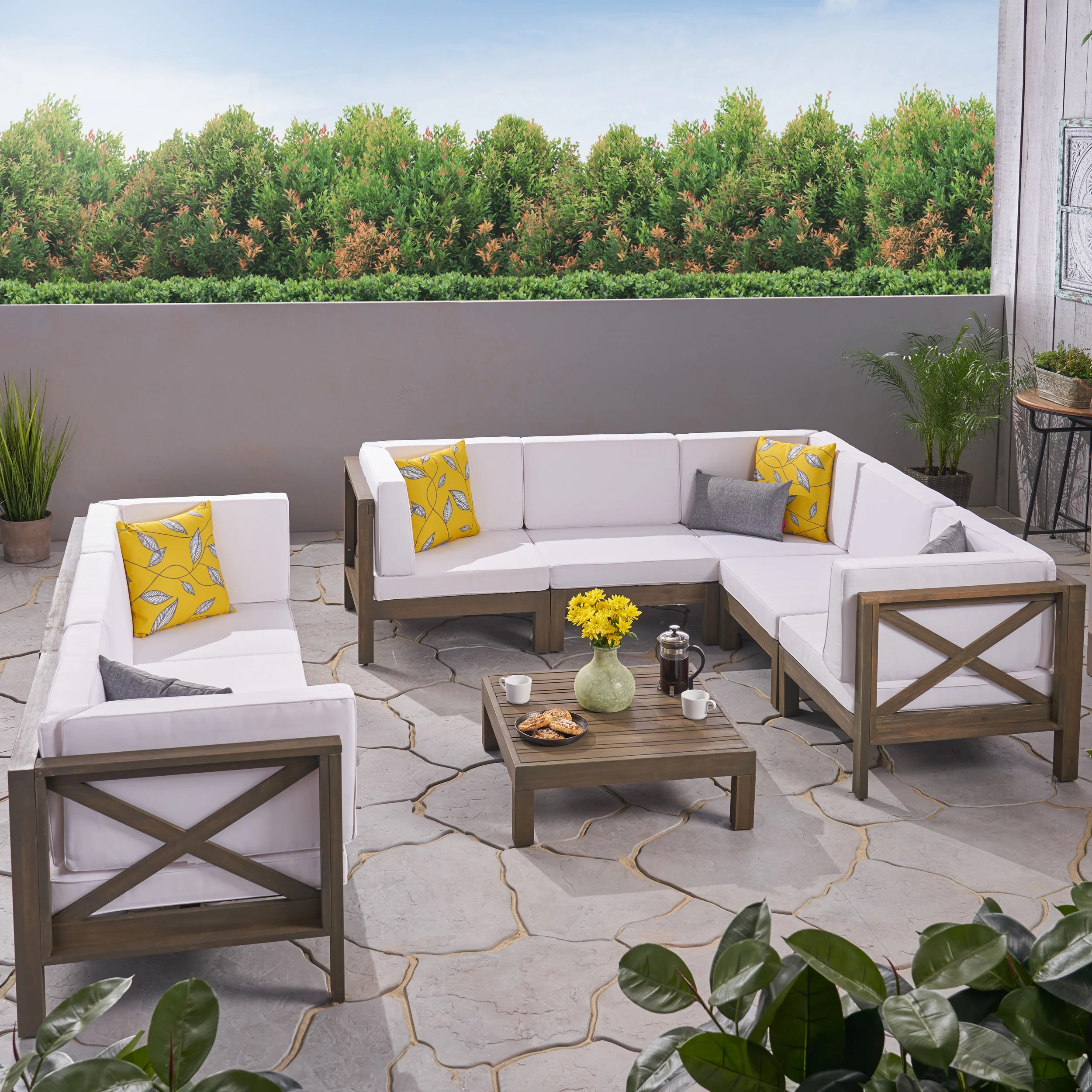 Cynthia Outdoor Acacia Wood 8 Seater Sectional Sofa Set with Coffee Table - furnishings