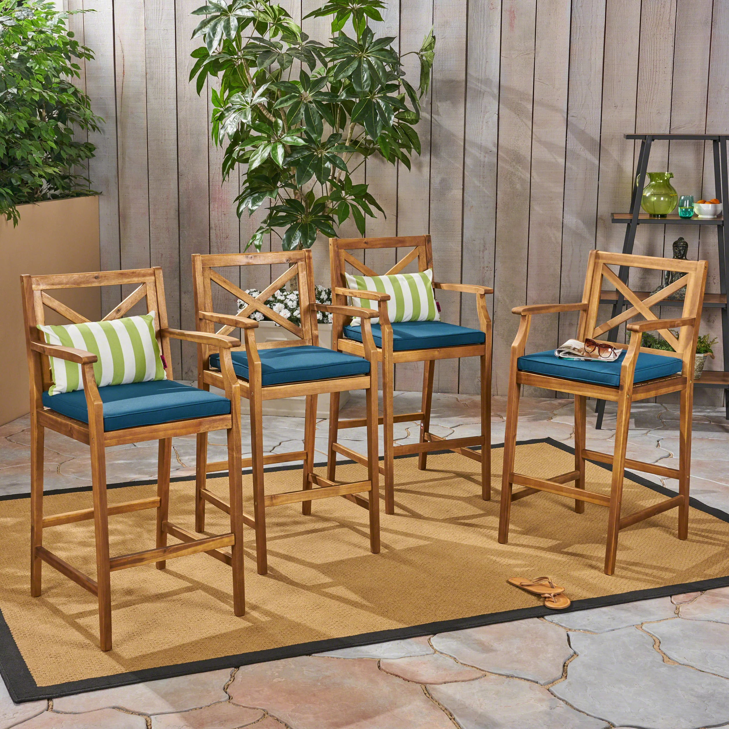 Doric Outdoor Rustic Acacia Wood Barstools with Cushions (Set of 4) - furnishings