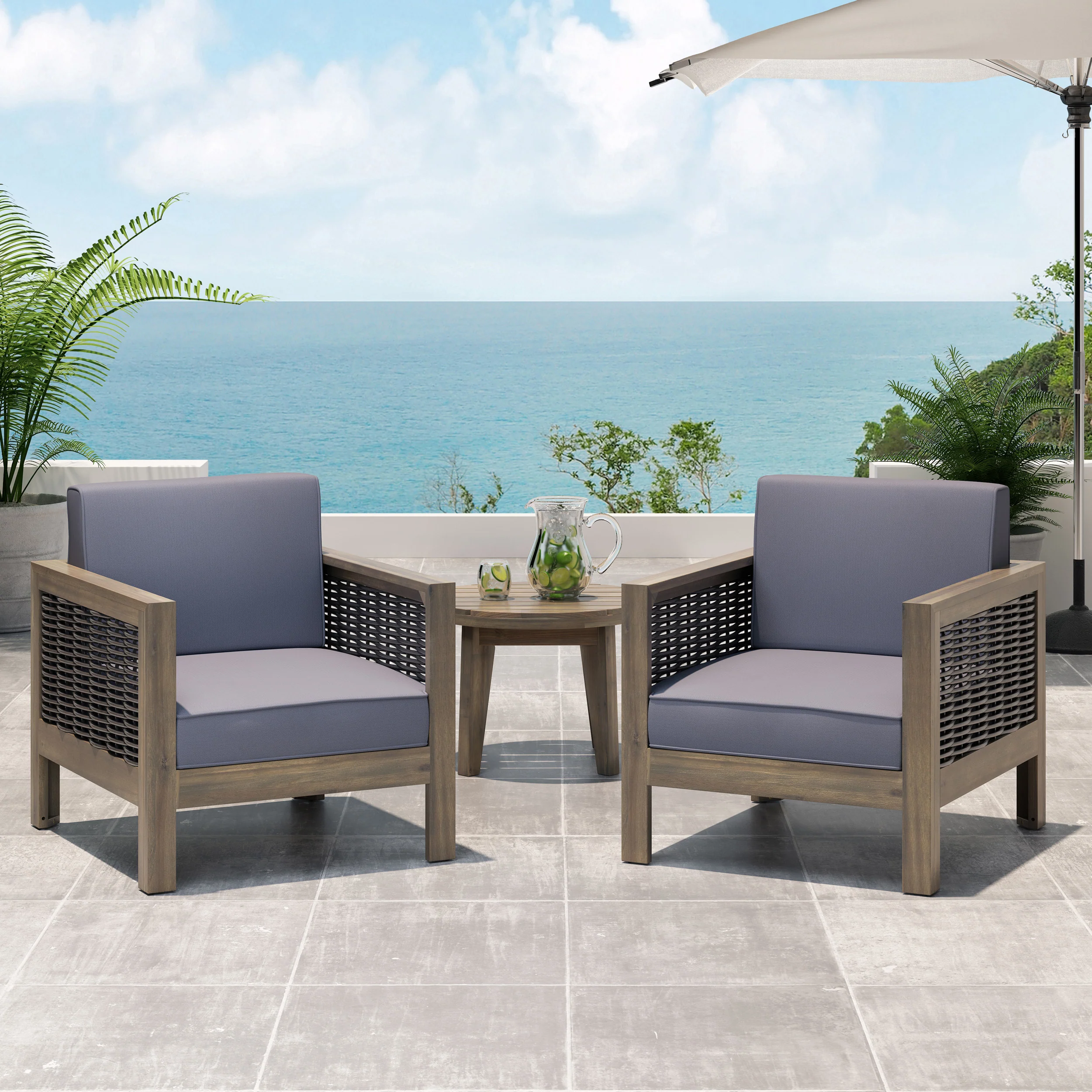 Mayes Outdoor Acacia Wood Club Chair with Wicker Accents (Set of 2) - furnishings