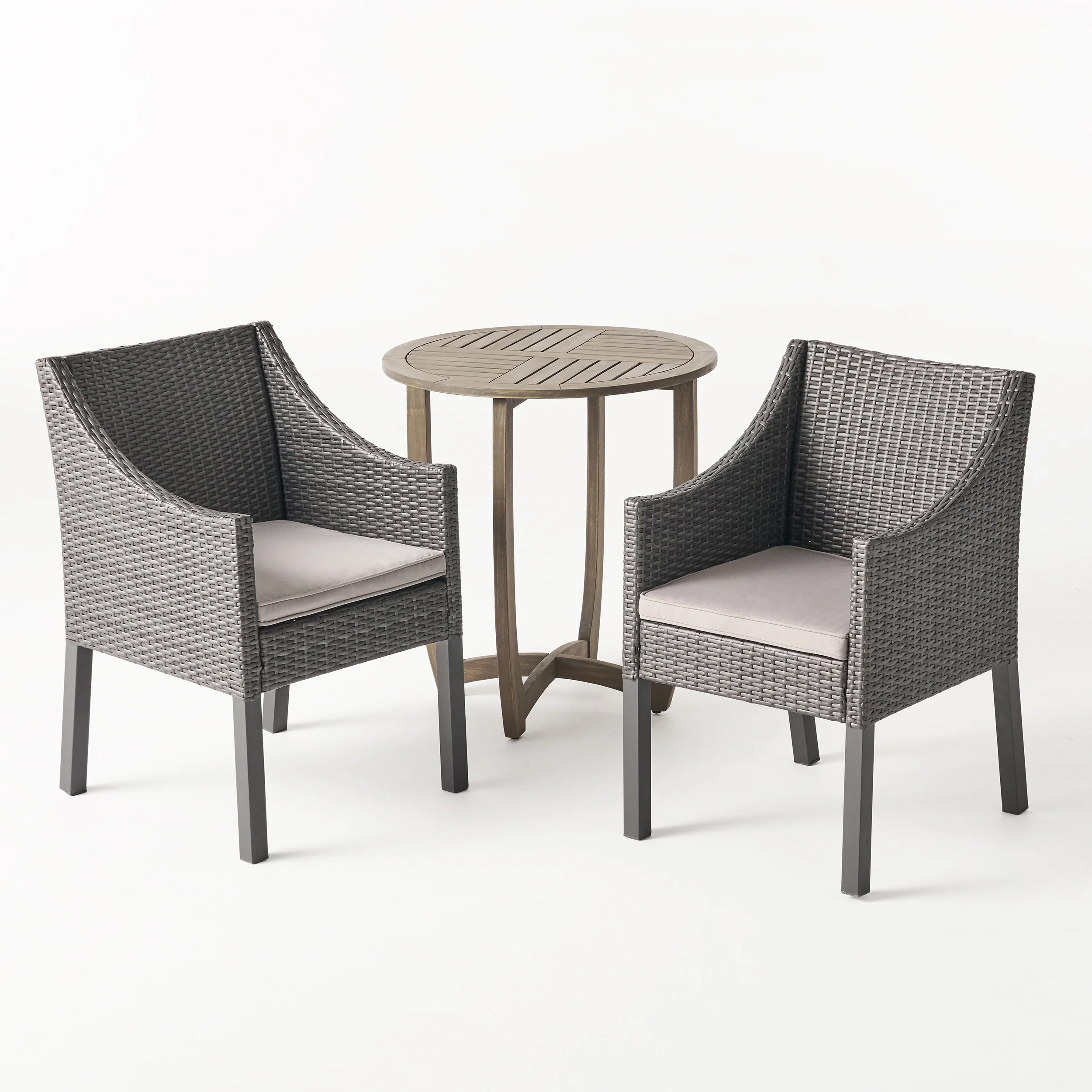 Matthew Outdoor 3 Piece Wood and Wicker Bistro Set, Gray and Gray - furnishings