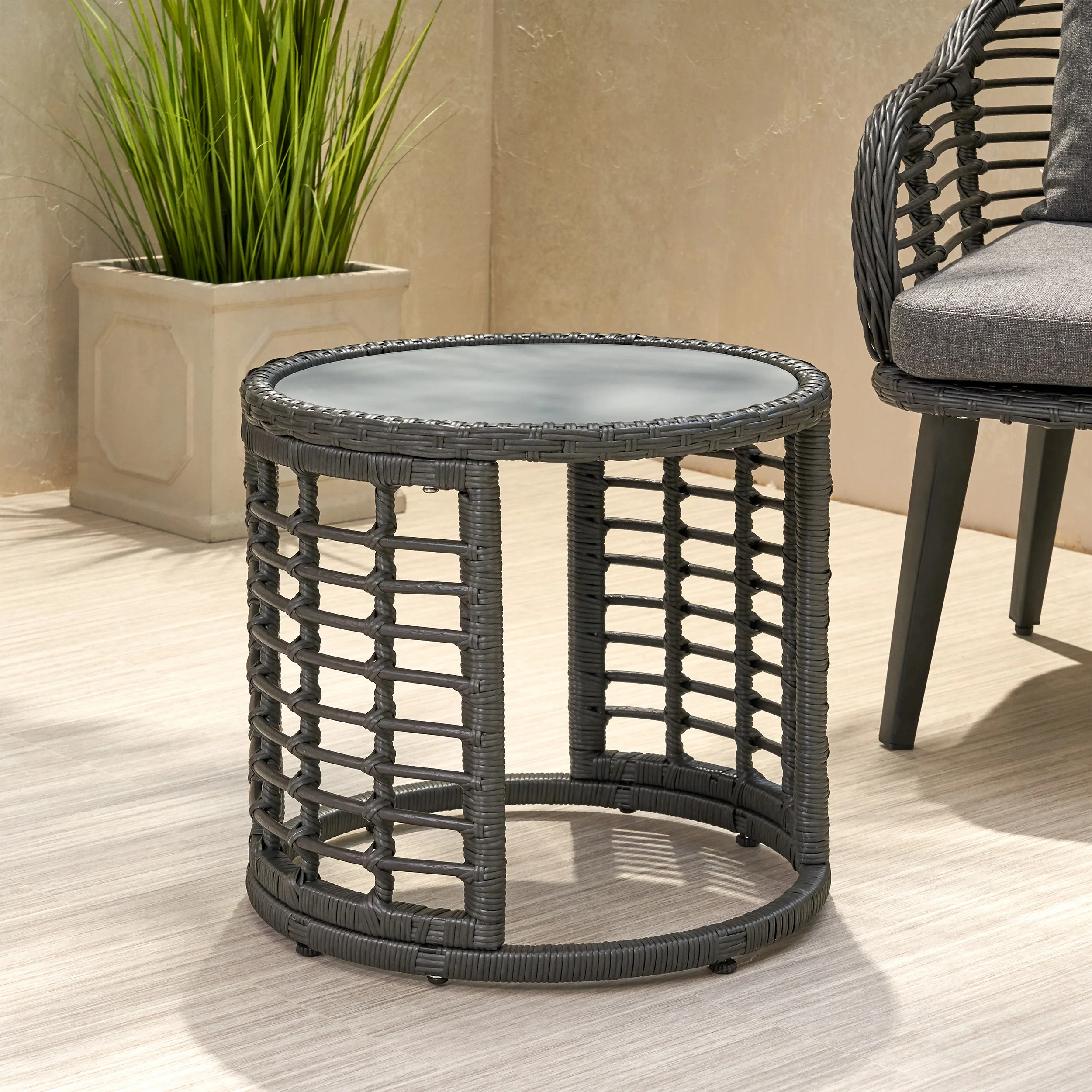 Evvy Outdoor Modern Boho Wicker Side Table with Tempered Glass Top - furnishings
