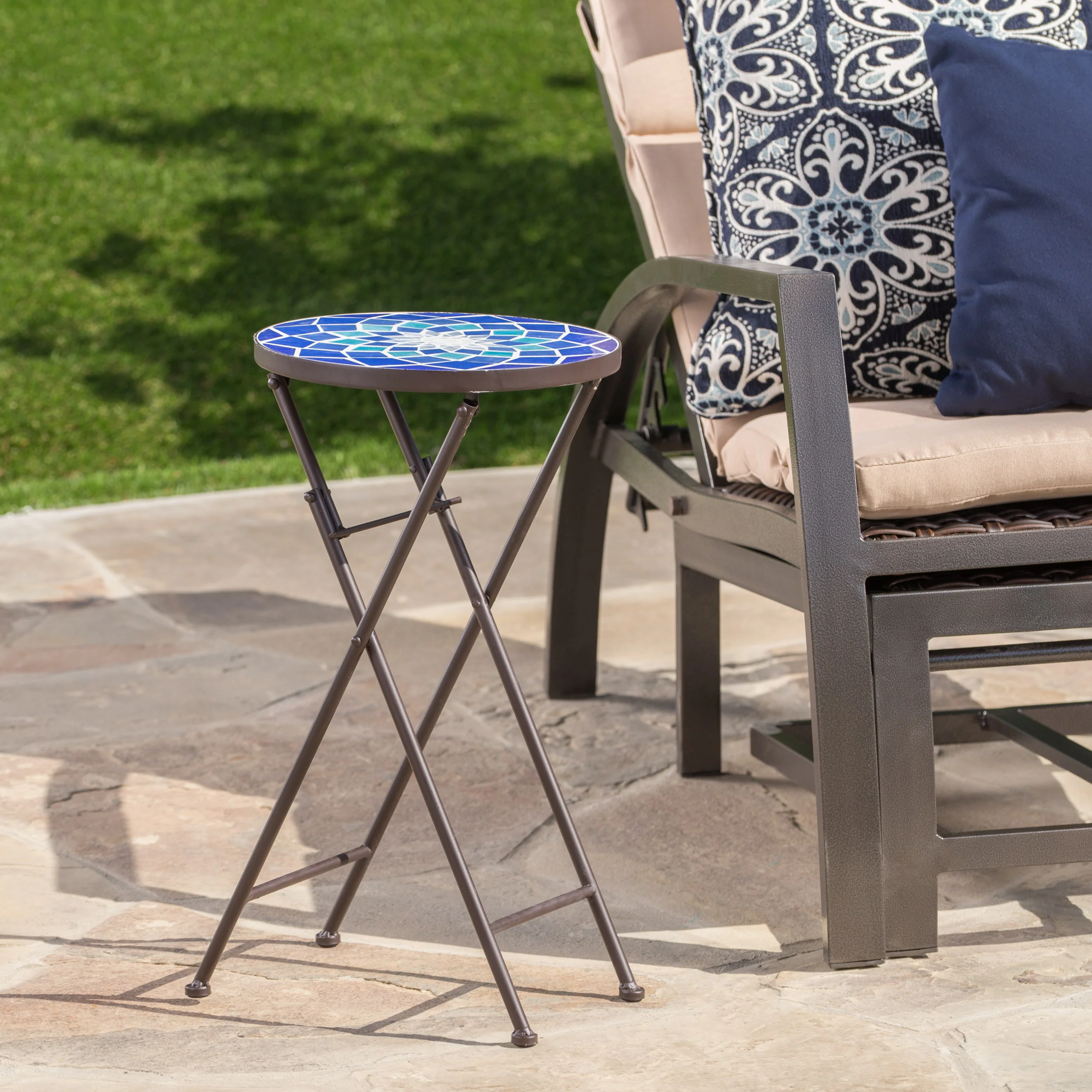 Arwen Outdoor Blue and White Glass Side Table with Iron Frame - furnishings