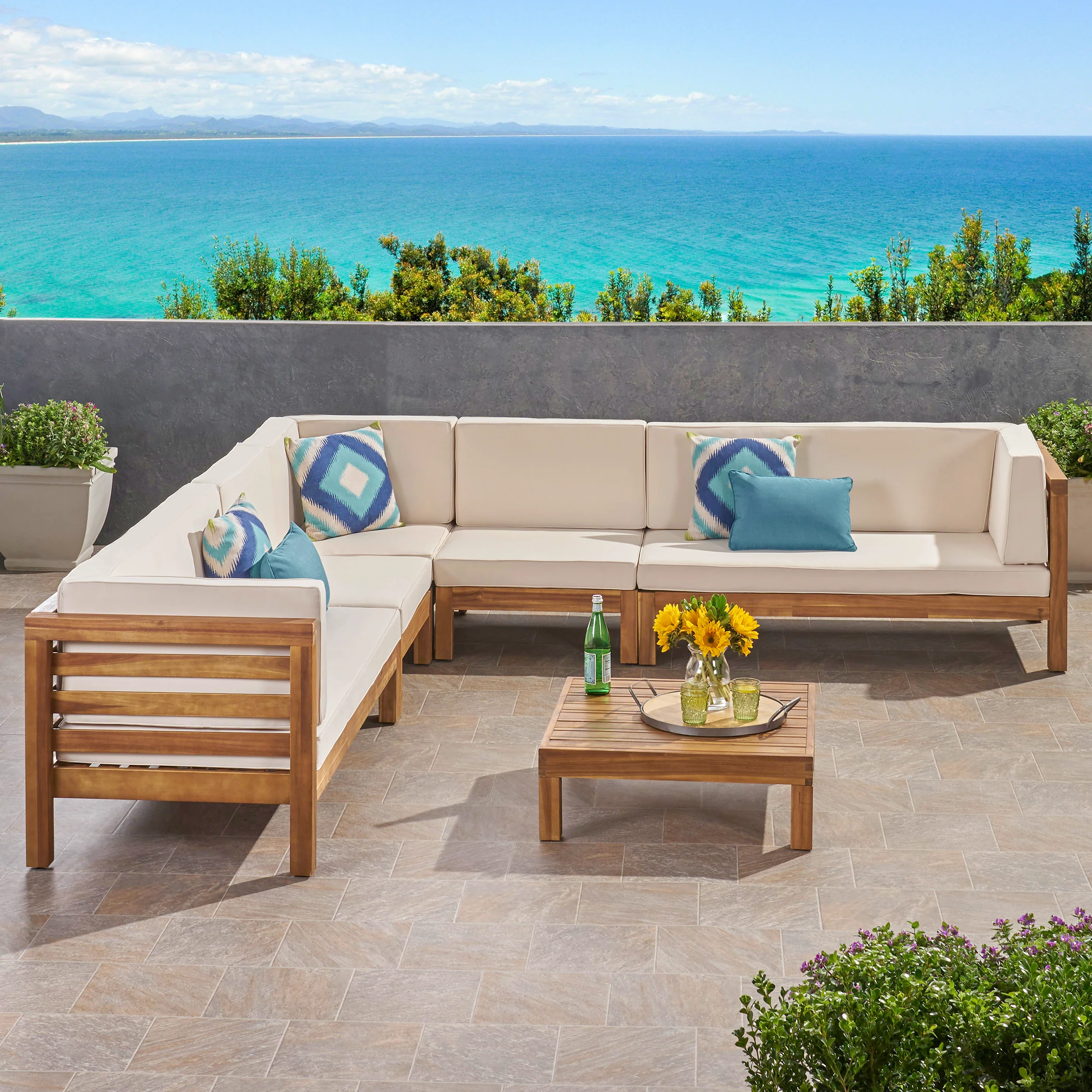 Emma Outdoor 7 Seater Acacia Wood Sectional Sofa Set - furnishings